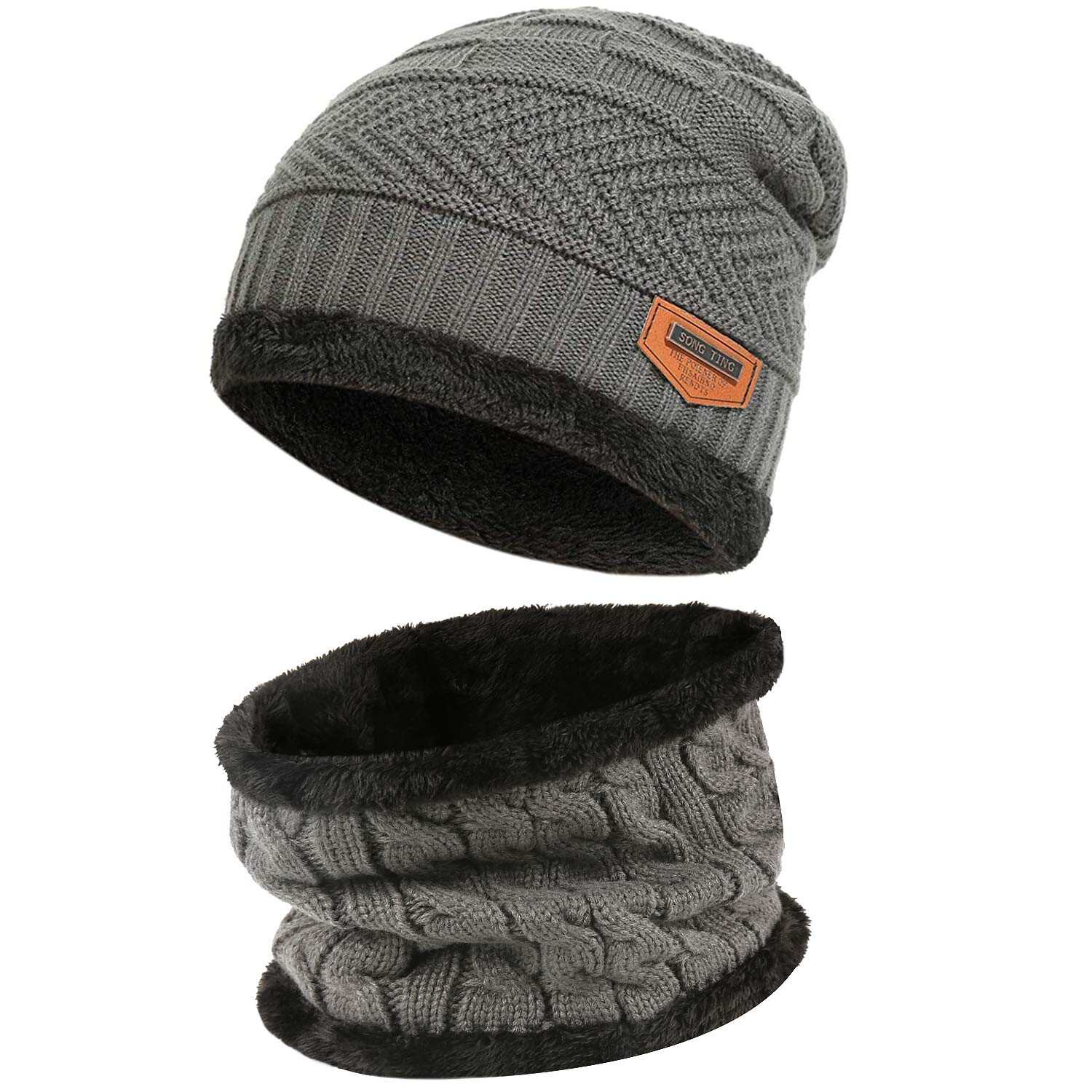 Mens Womens Winter Beanie Hat Scarf Set Warm Knit Hat Thick Fleece Lined Winter Cap