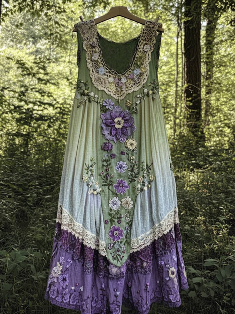 Vintage Boho Lavender Art Linen Patchwork Art Linen Tank Dress