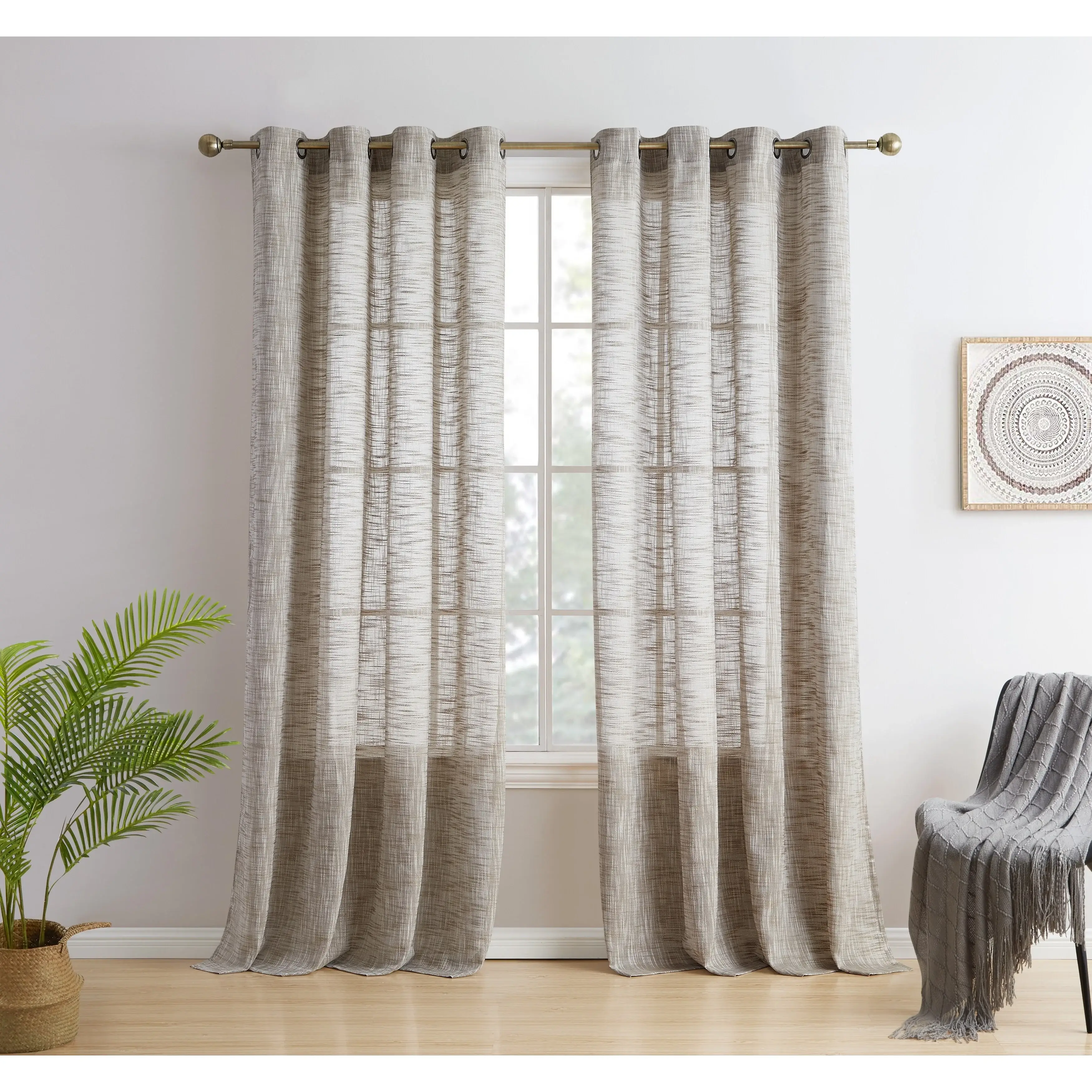 HLC.me Madison Faux Linen Textured Sheer Privacy Sun Light Filtering Window Grommet Thick Curtains Panels, Set of 2