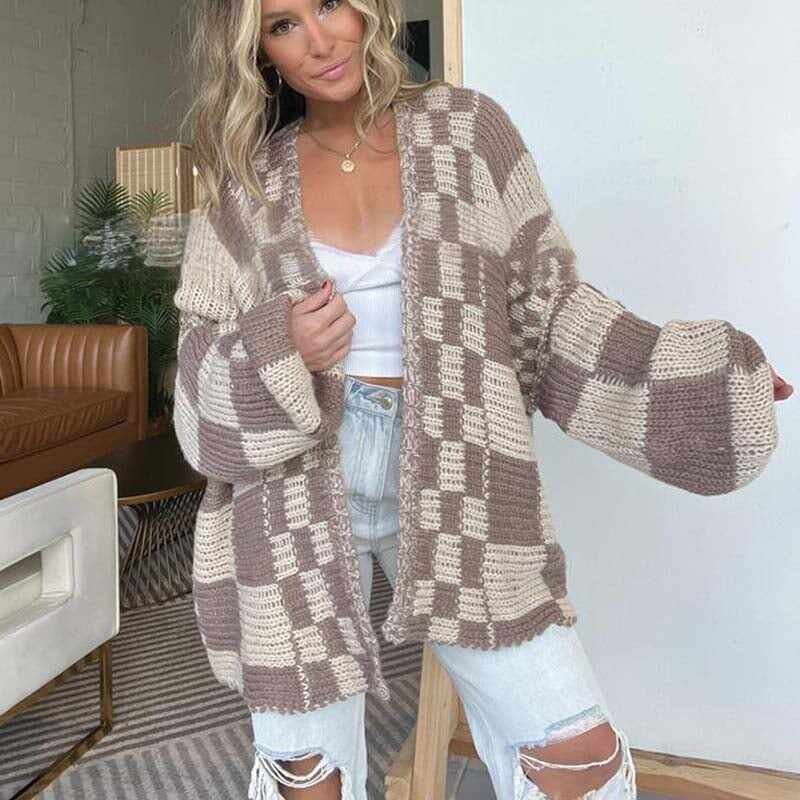 💖 Women's Checkered Open Front Cardigan