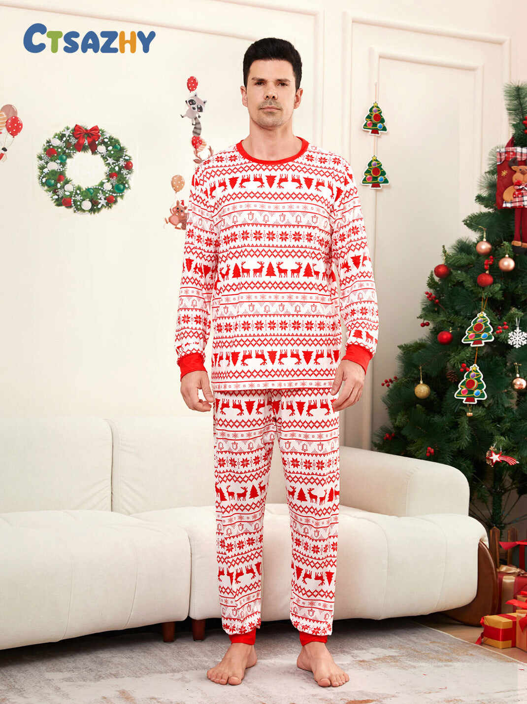 Moose Cartoon Printed Family Matching Christmas Pajamas Sets