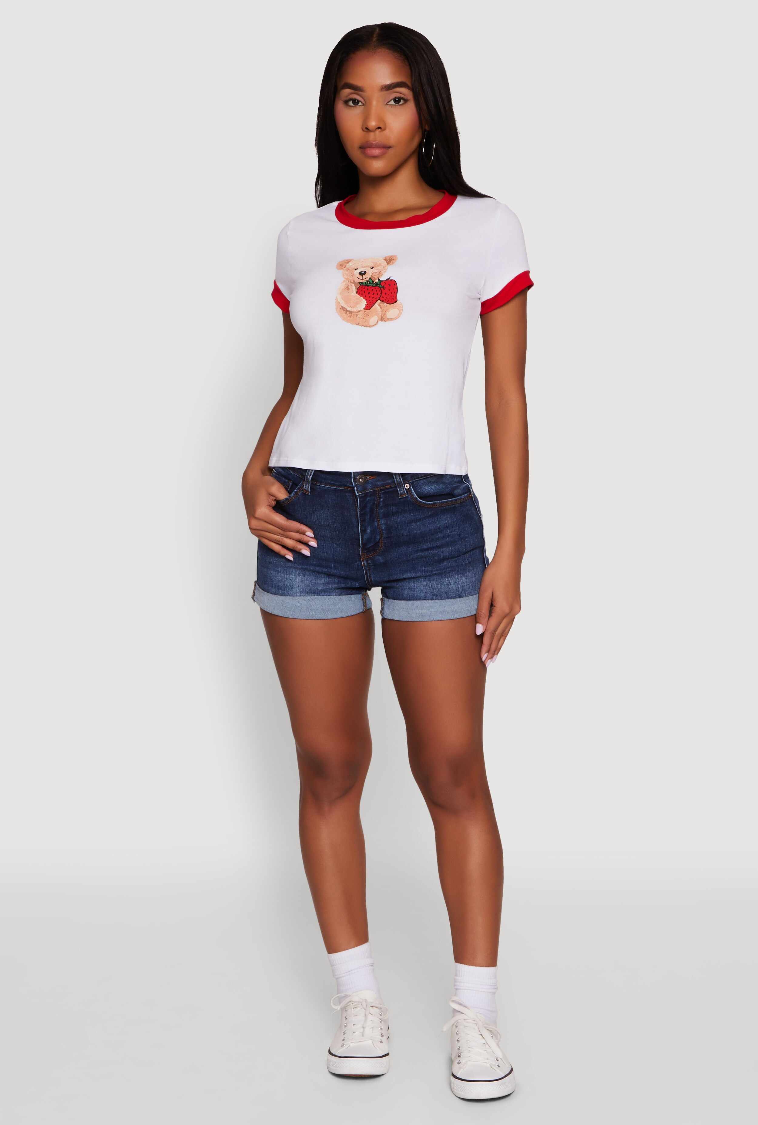 Trendy Graphic Strawberry Teddy Ringer T-Shirt