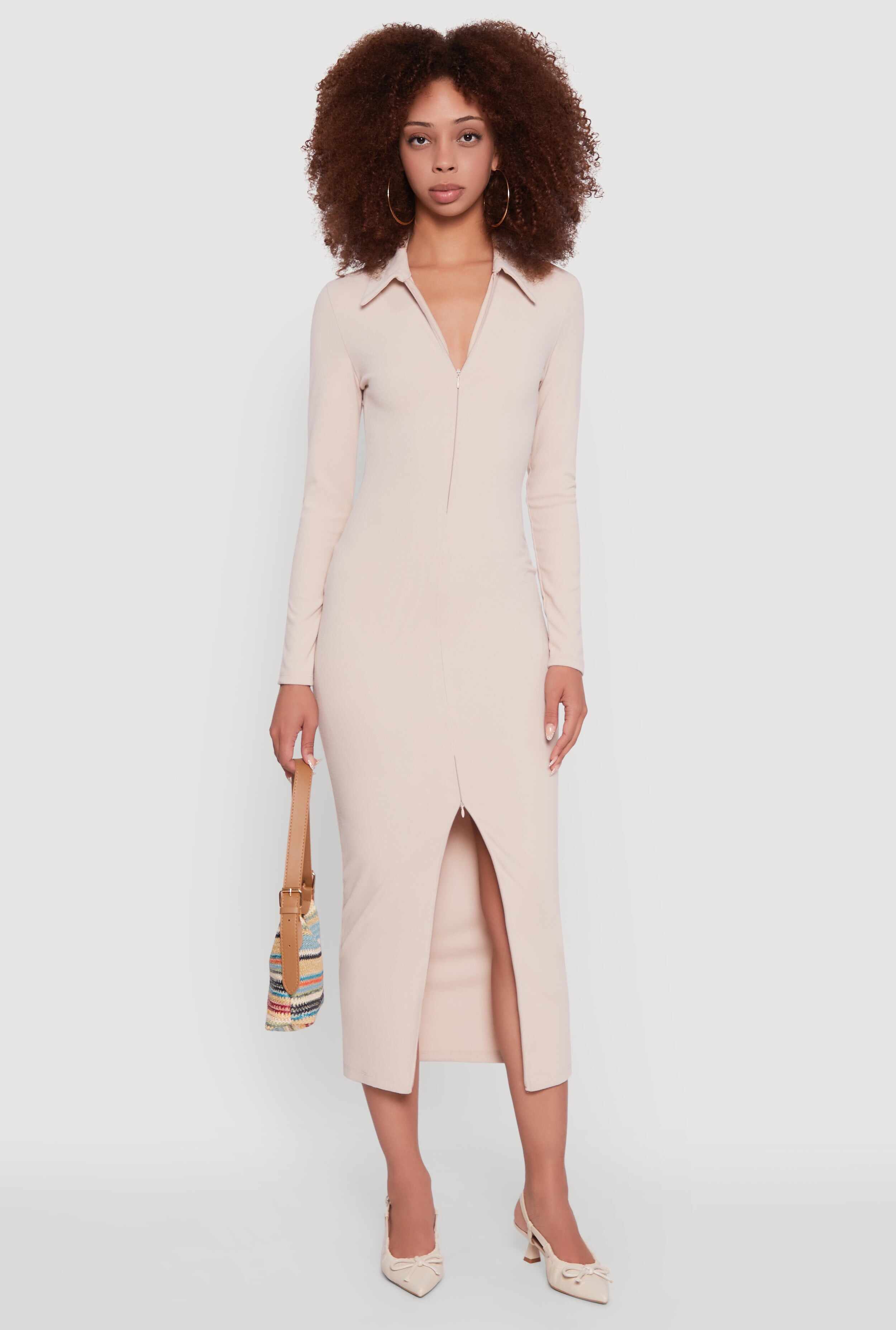 Collared Double Zip Front Midi Dress