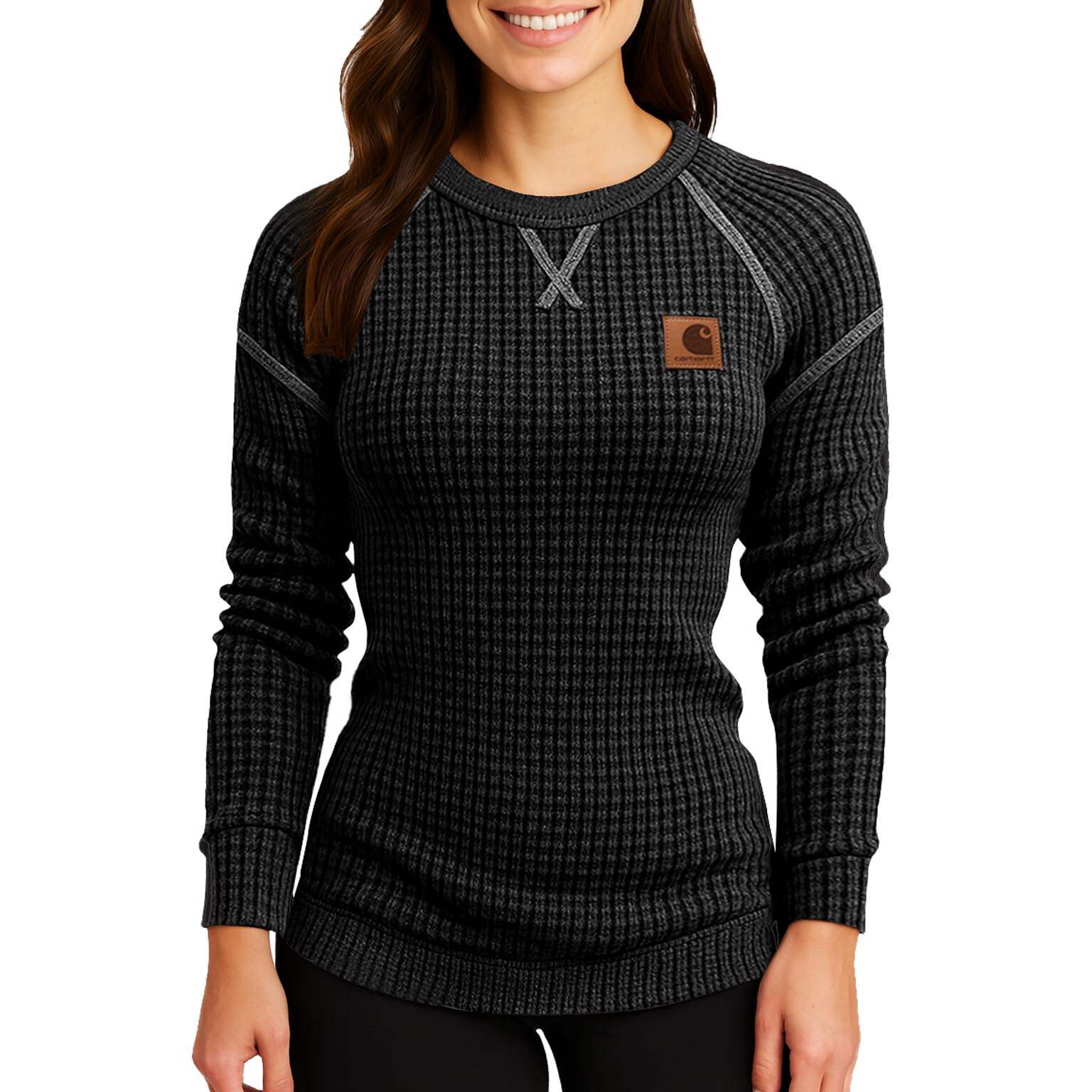 Women's Vintage Black Waffle Knit Crewneck Long Sleeve Sweatshirt