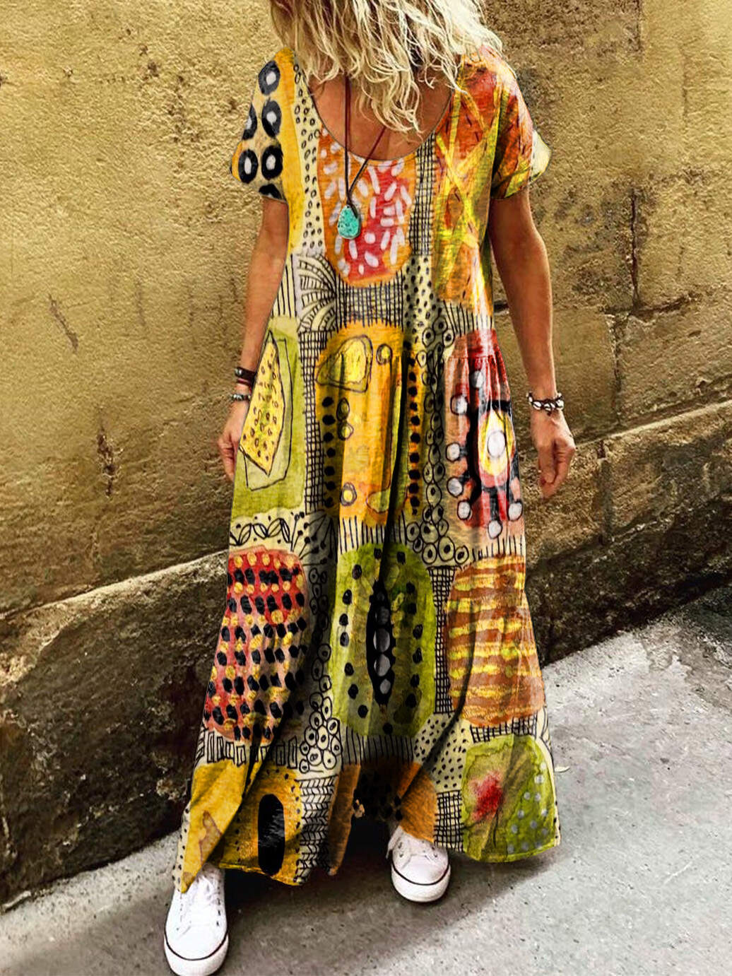 Women's Boho Vintage Folk Collage Art Print Pocket Short Sleeve Cotton Dress
