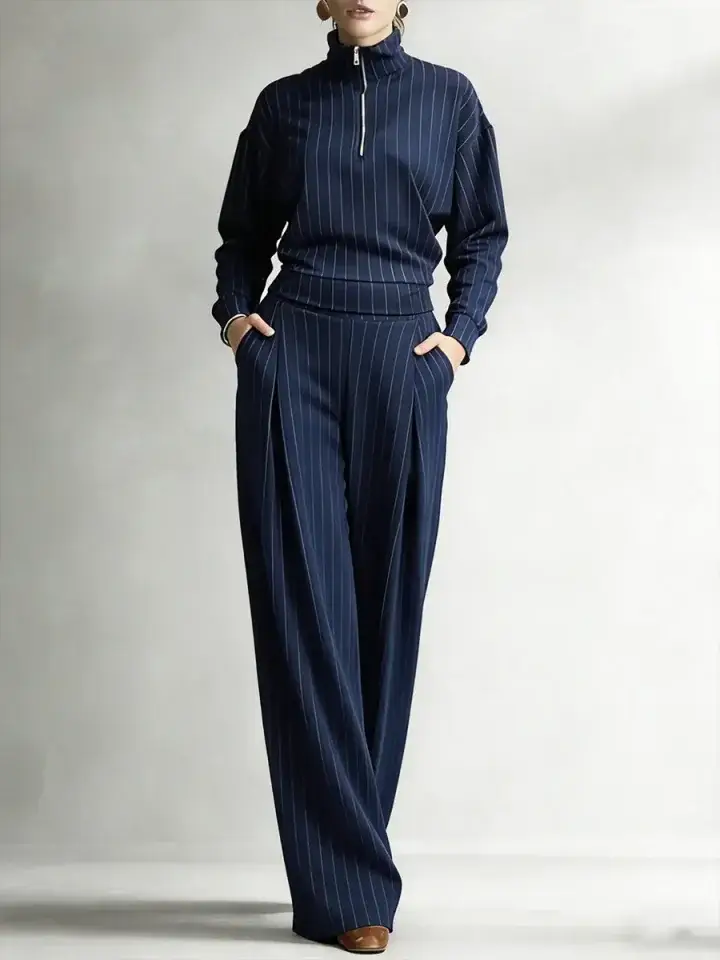 🔥Summer Arrivals🌟Women's Striped Stretch Cotton Half-zip Top And Wide-leg Pants Two-piece Set