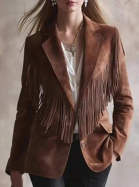 Women's Western Casual Collar Suede Tassel Jacket