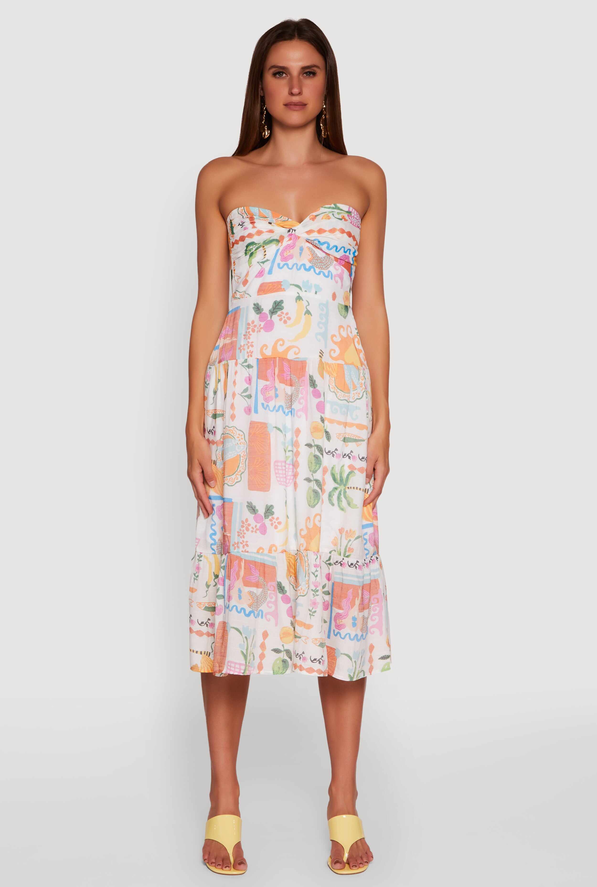 Tropical Print Tiered Twist Front Midi Dress