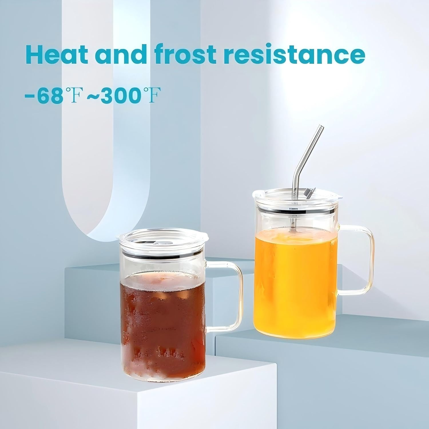 33 ounces (approximately 958.5 grams) large capacity cold drink glass cup with handle, mug lid and straw, suitable for coffee, iced tea, beer, water, other hot and cold beverages, -120 degrees Fahrenheit (approximately 55.6 degrees Celsius) to 300 degrees