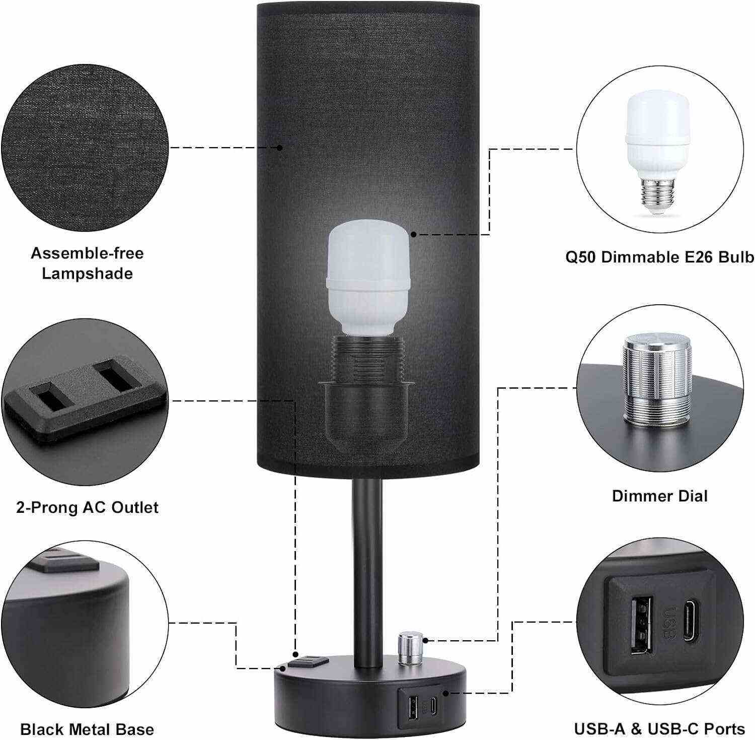 Bedside Table Lamp for Bedroom - 3 Way Dimmable Touch Lamp USB C Charging Ports and AC Outlet, Small Lamp Wood Base Round Flaxen Fabric Shade for Living Room, Desk, LED Bulb Included