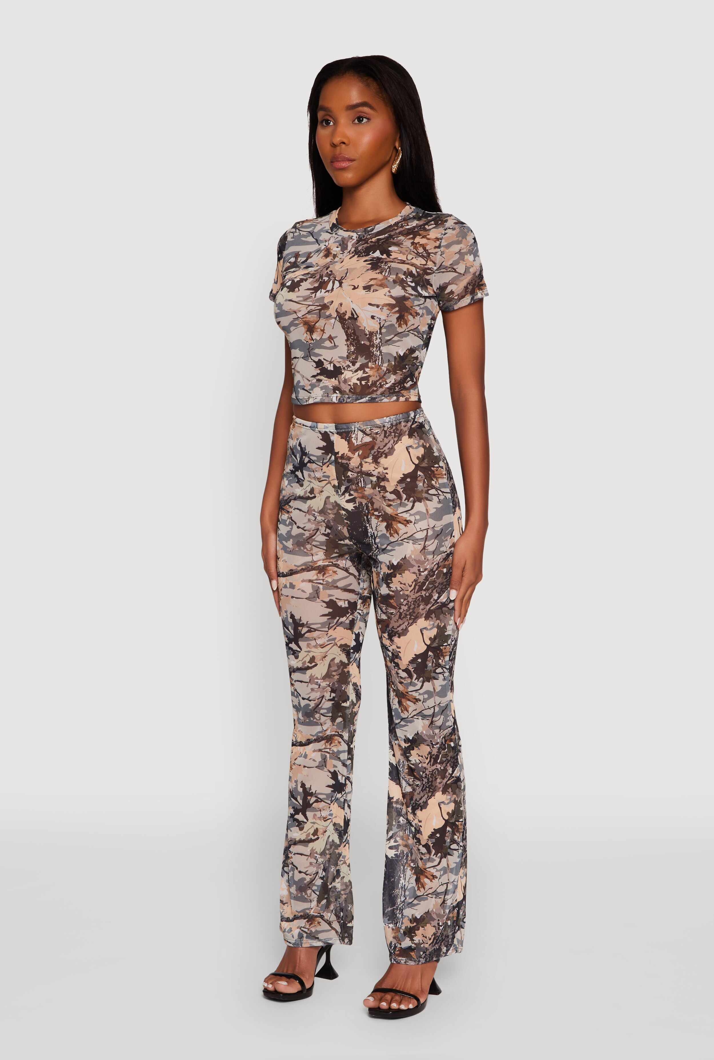 Camo Leaf Print Mesh Crop Top
