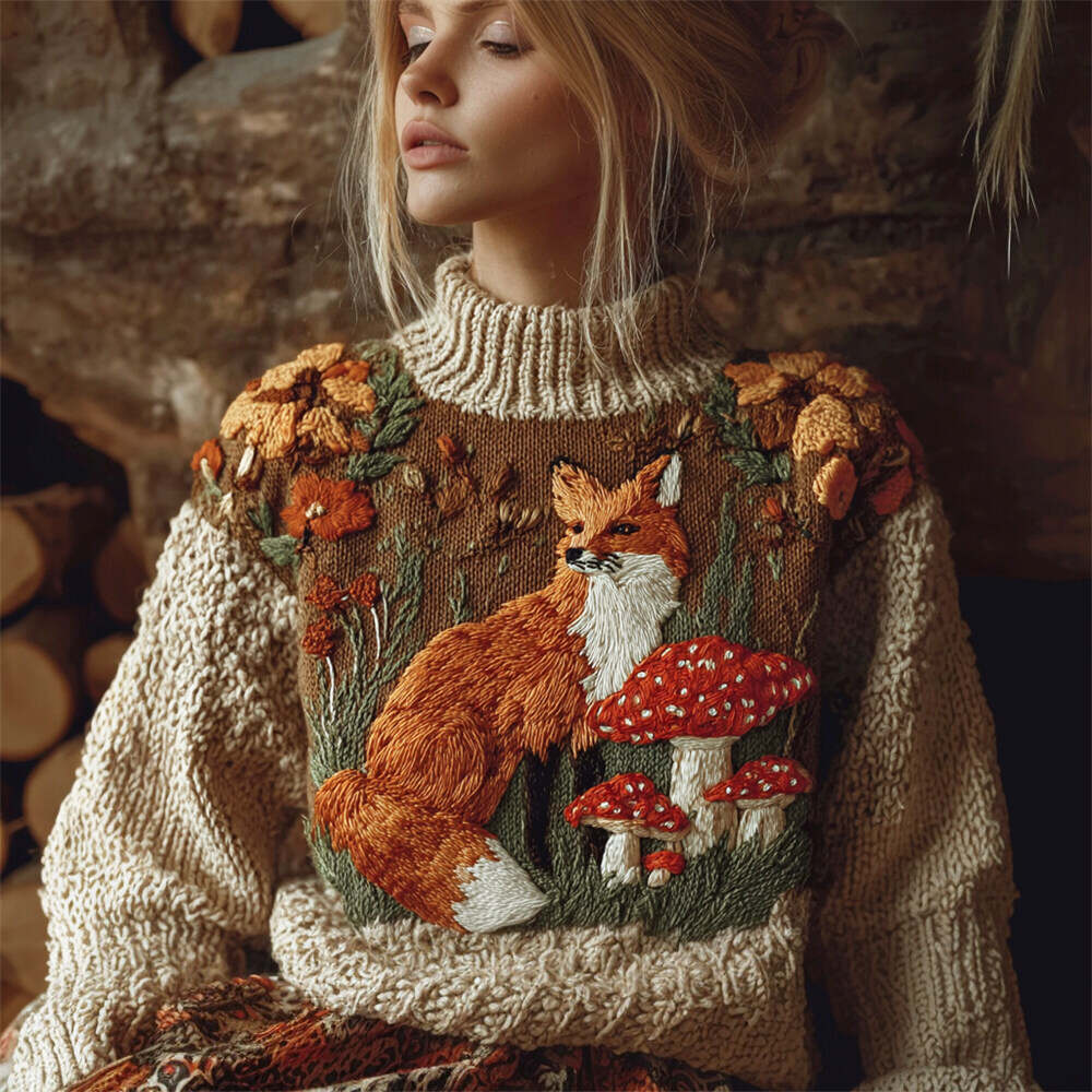 Fall Fox Embroidery Women's Knit Turtleneck Sweater