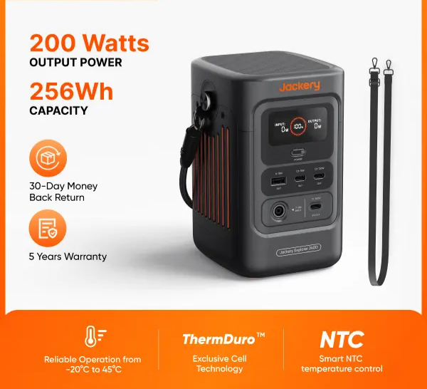 Explorer 240D Power Bank with Adjustable Strap, 255Wh LiFePO4 Battery Portable Power Station, 200W Pure DC Output, 3×USB-C & 1×USB-A Ports, 2-in-1 USB-C Strap Cable, Fast Charging for Outdoor, Travel & Emergencies