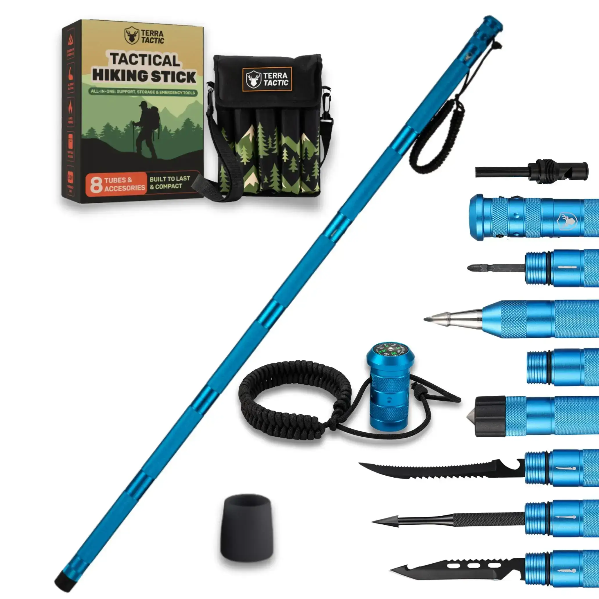 Survival Hiking Stick - Adjustable Trekking Pole with Built-in Outdoor Emergency Tools for Camping and Hiking