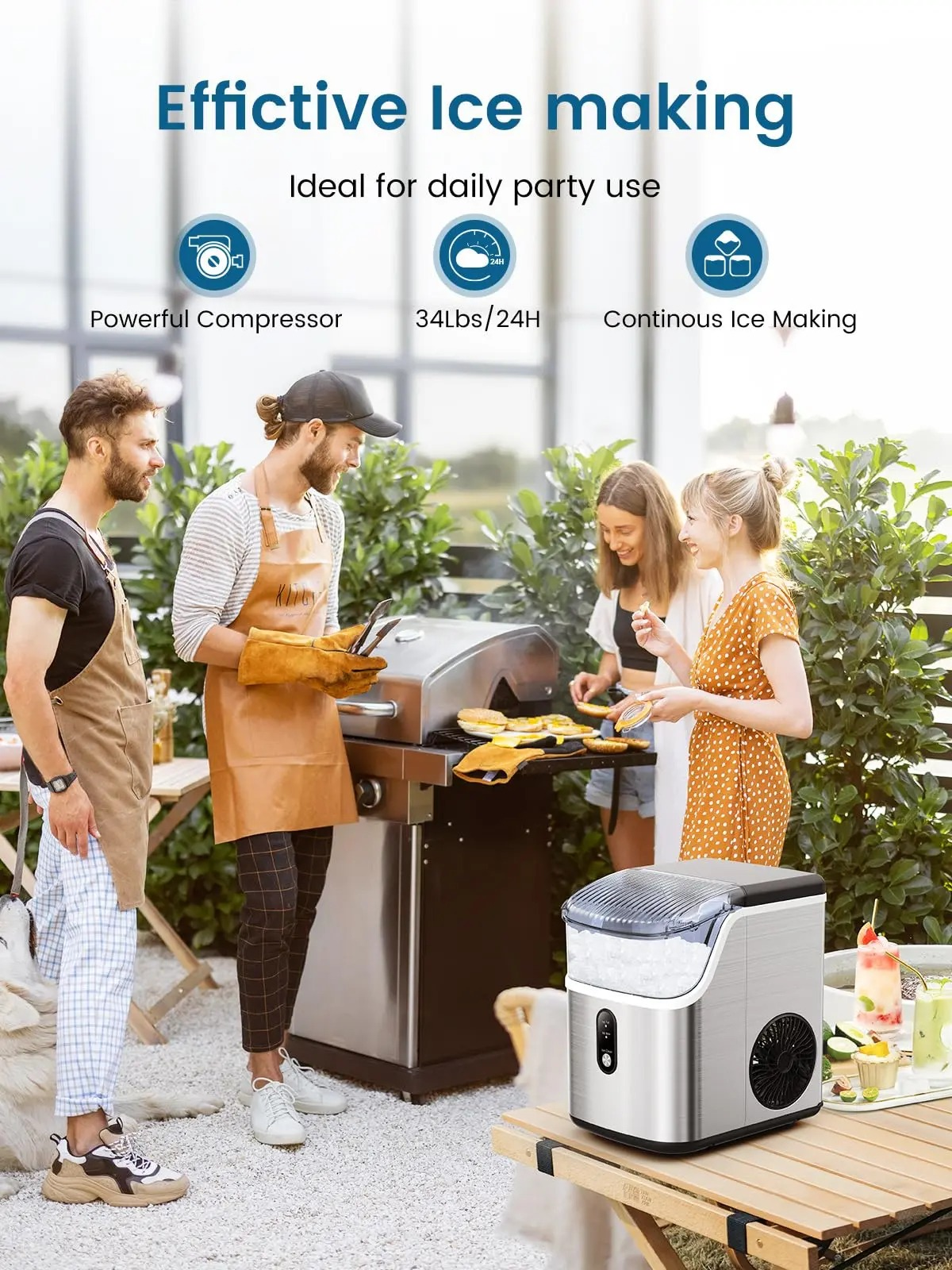Ice Maker Countertop, Soft Chewable Nugget Ice Cubes Machine, One-Button Quick Ice Making 34Lbs/Day, Self-Cleaning, Portable Stainless Steel Ice Machine