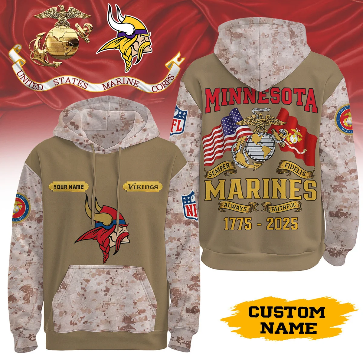 Minnesota Vikings | Premium NFL United States Marine Corps 3D Hoodie TD