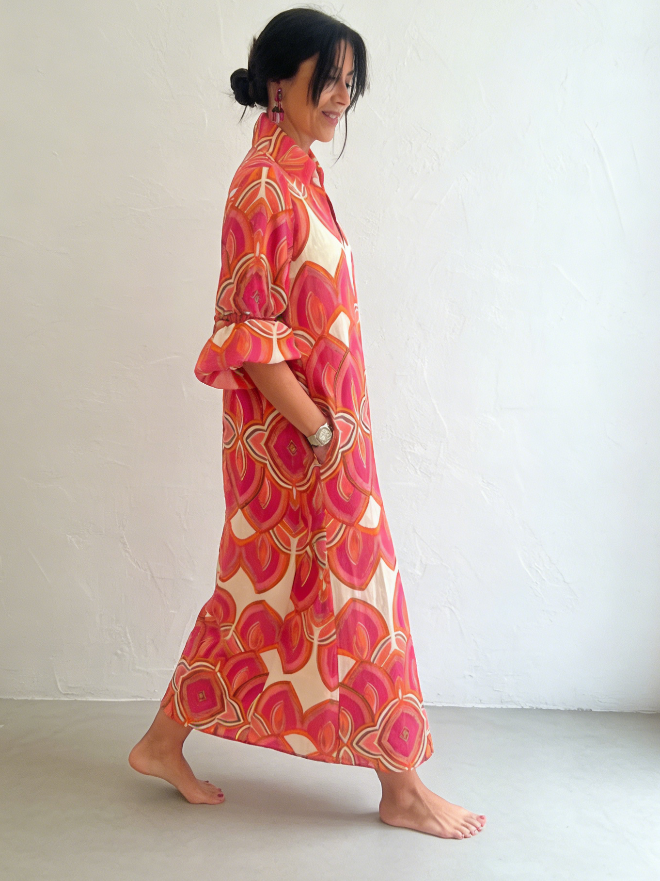 🔥Summer Arrivals🌟Retro Stand-up Collar Floral Print Loose Linen Cotton Dress