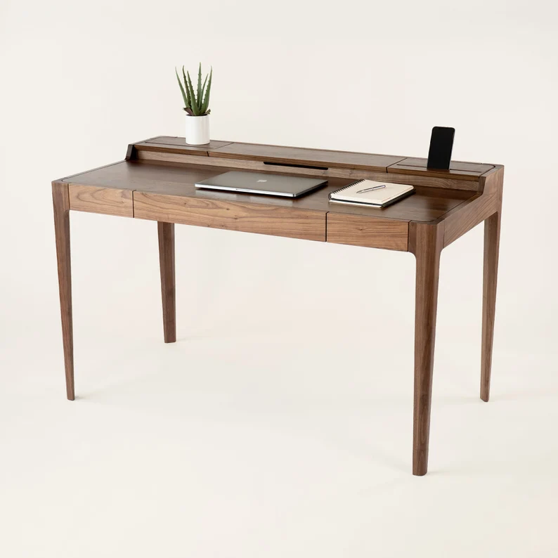 Solid Wood Writing Desk with Drawer and Cable Management | Scandinavian Mid Century Modern Large Desk | Walnut & Oak | NOVA DESK