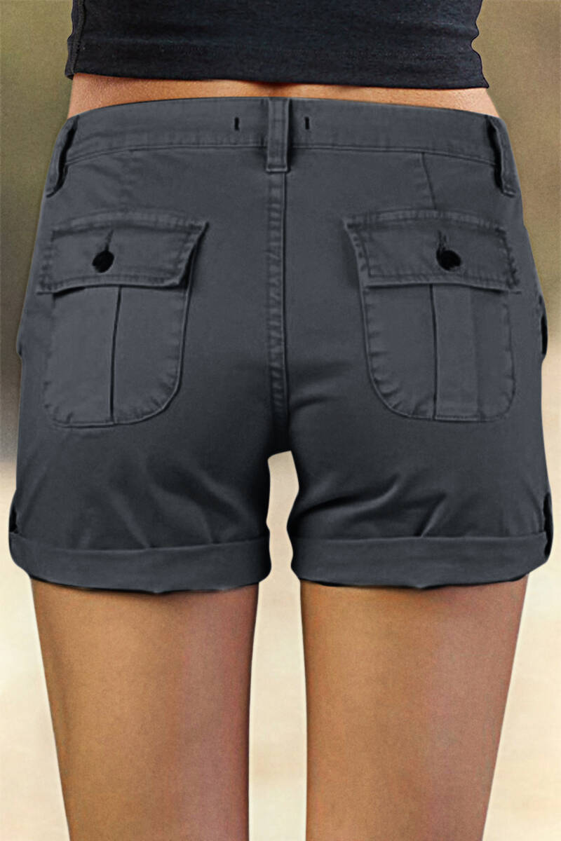 Flap Pocket Roll Tab Hem Mid Waist Shorts