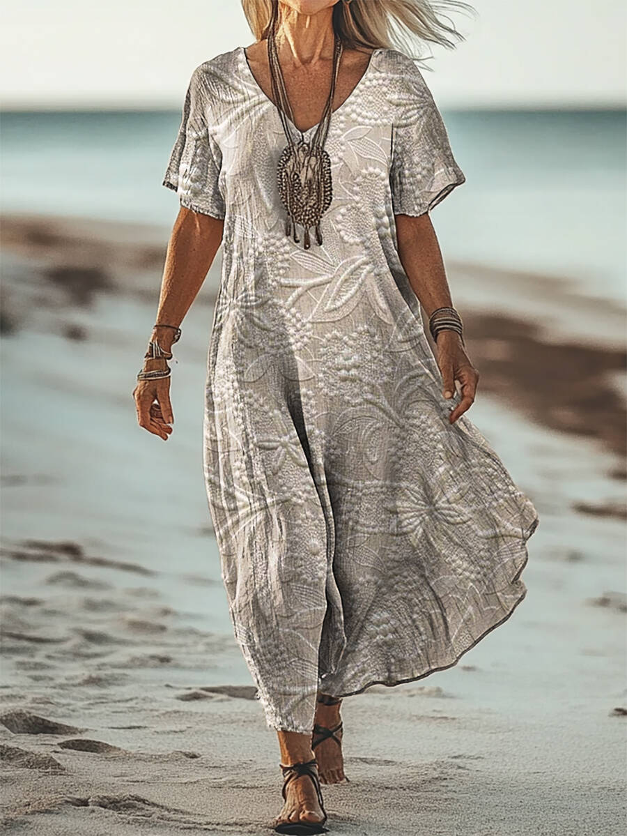 Women's Vintage Floral Texture Art Print Short Sleeve Pocket Cotton Linen Dress