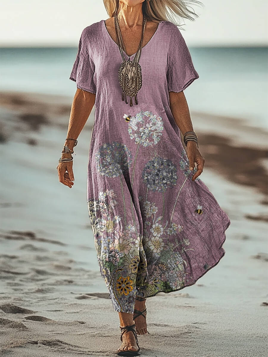 Women's Boho Vintage Floral Art Patterns Print Short Sleeve Pocket Cotton Linen Dress