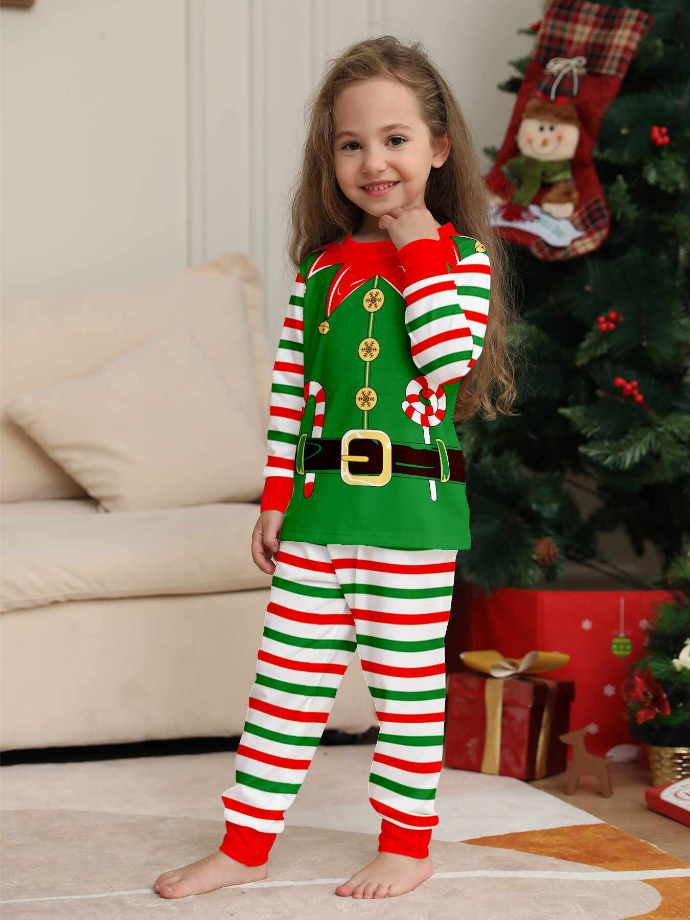 2024 3D Print Christmas Family Pajamas Red Green Striped Crutch Xmas Pajamas