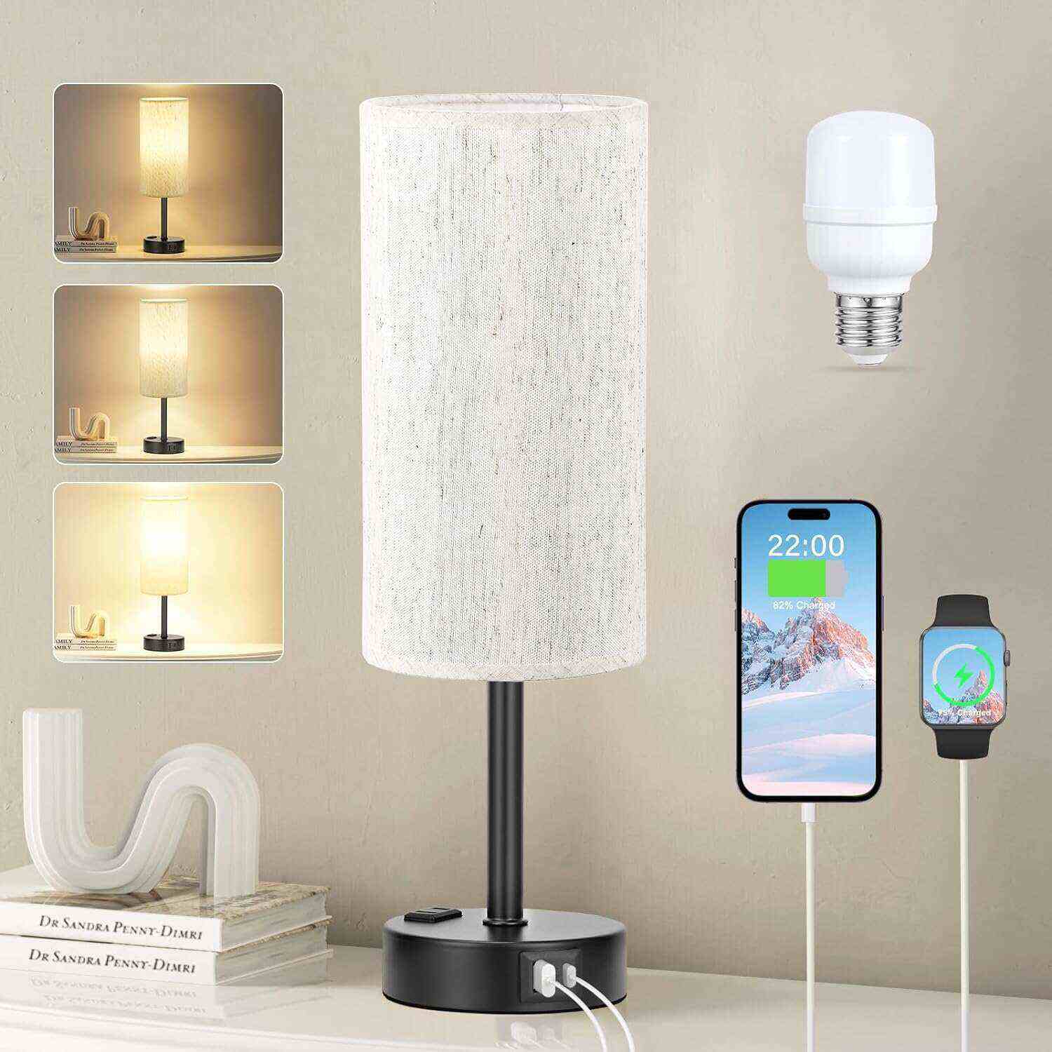 Bedside Table Lamp for Bedroom - 3 Way Dimmable Touch Lamp USB C Charging Ports and AC Outlet, Small Lamp Wood Base Round Flaxen Fabric Shade for Living Room, Desk, LED Bulb Included