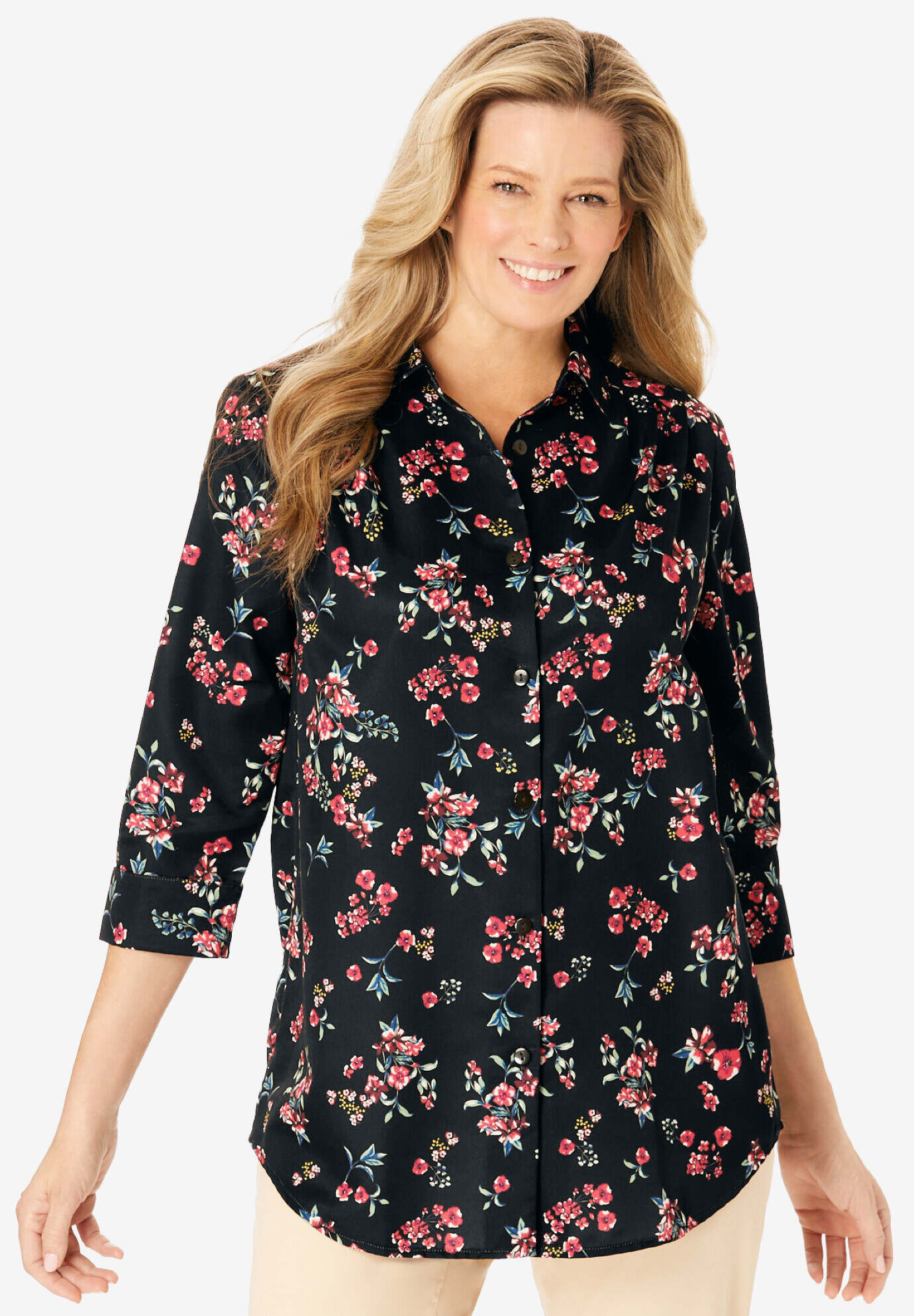 Three-Quarter Sleeve Peachskin Button Front Shirt