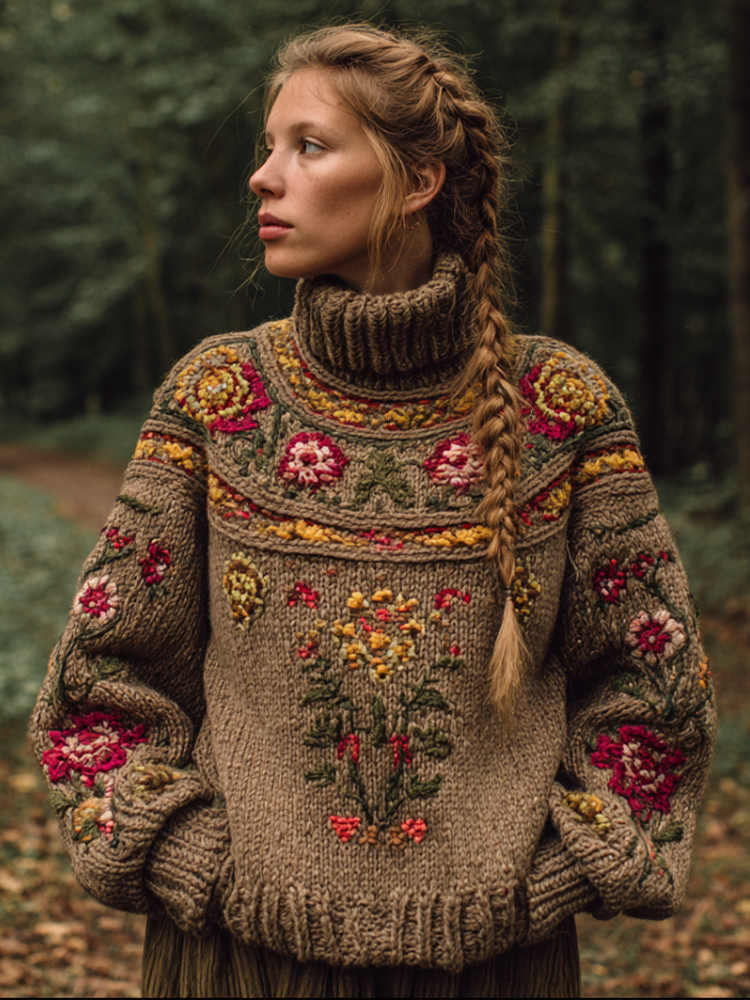 Women's Autumn And Winter Meillard Style And Bohemian Style Plant Flower Embroidery High Neck Thick Sweater