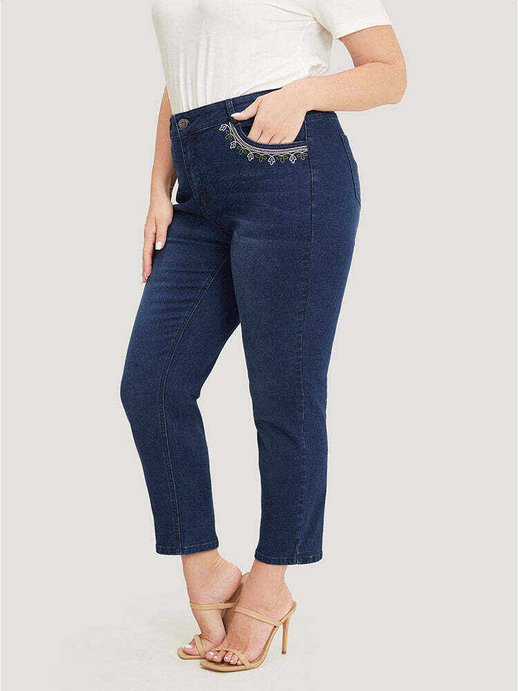 Straight Very Stretchy High Rise Dark Wash Embroidered Trim Jeans