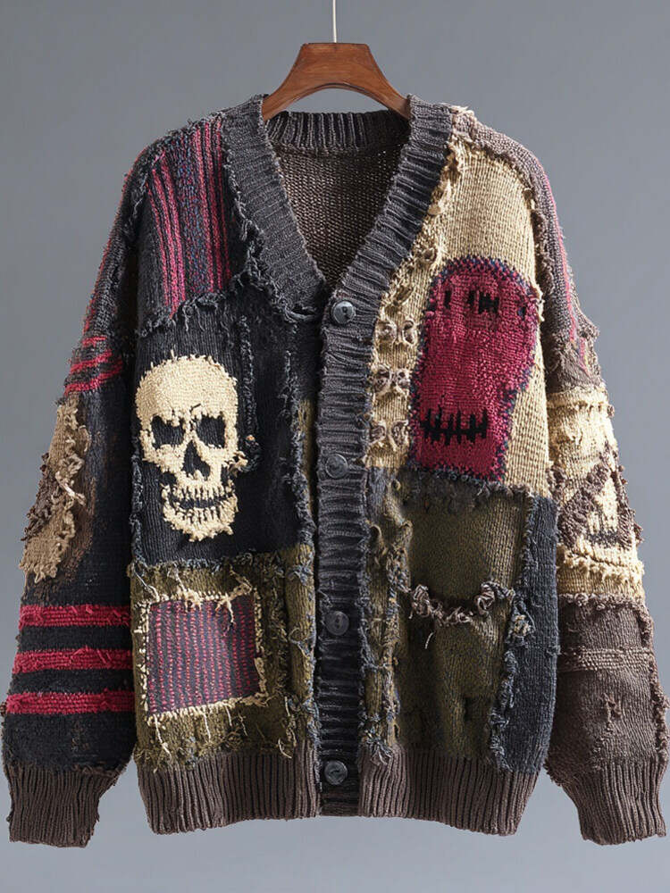 Halloween Vintage Skull Patchwork V Neck Cozy Cardigan