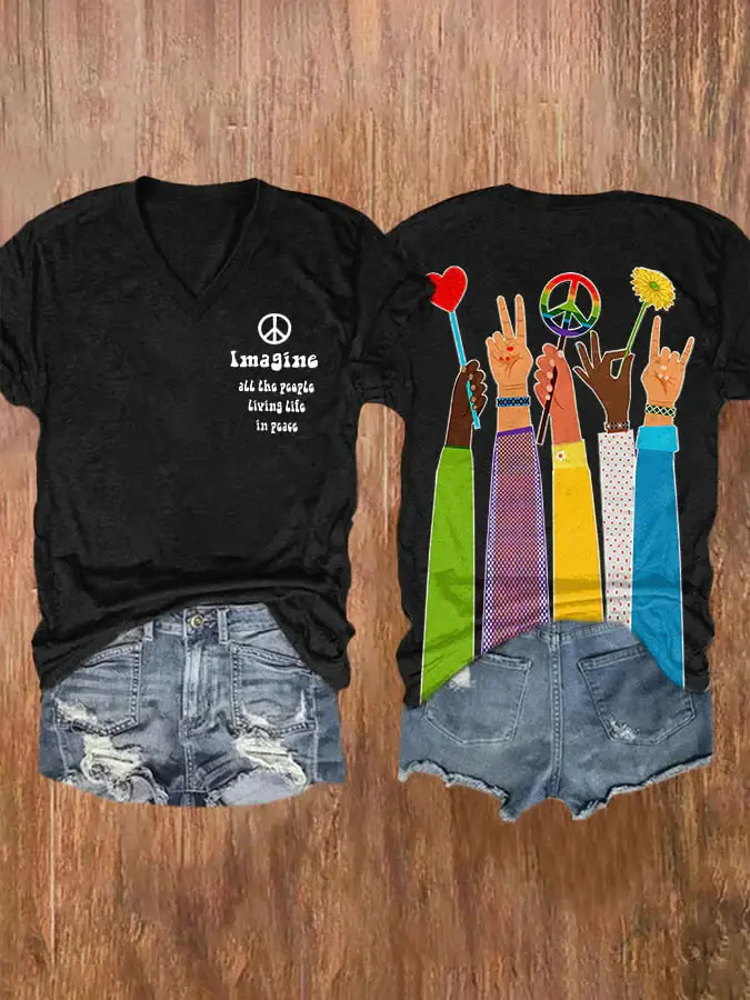 V-neck Retro Hippie Imagine All The People Living Life In Peace Print Shirt