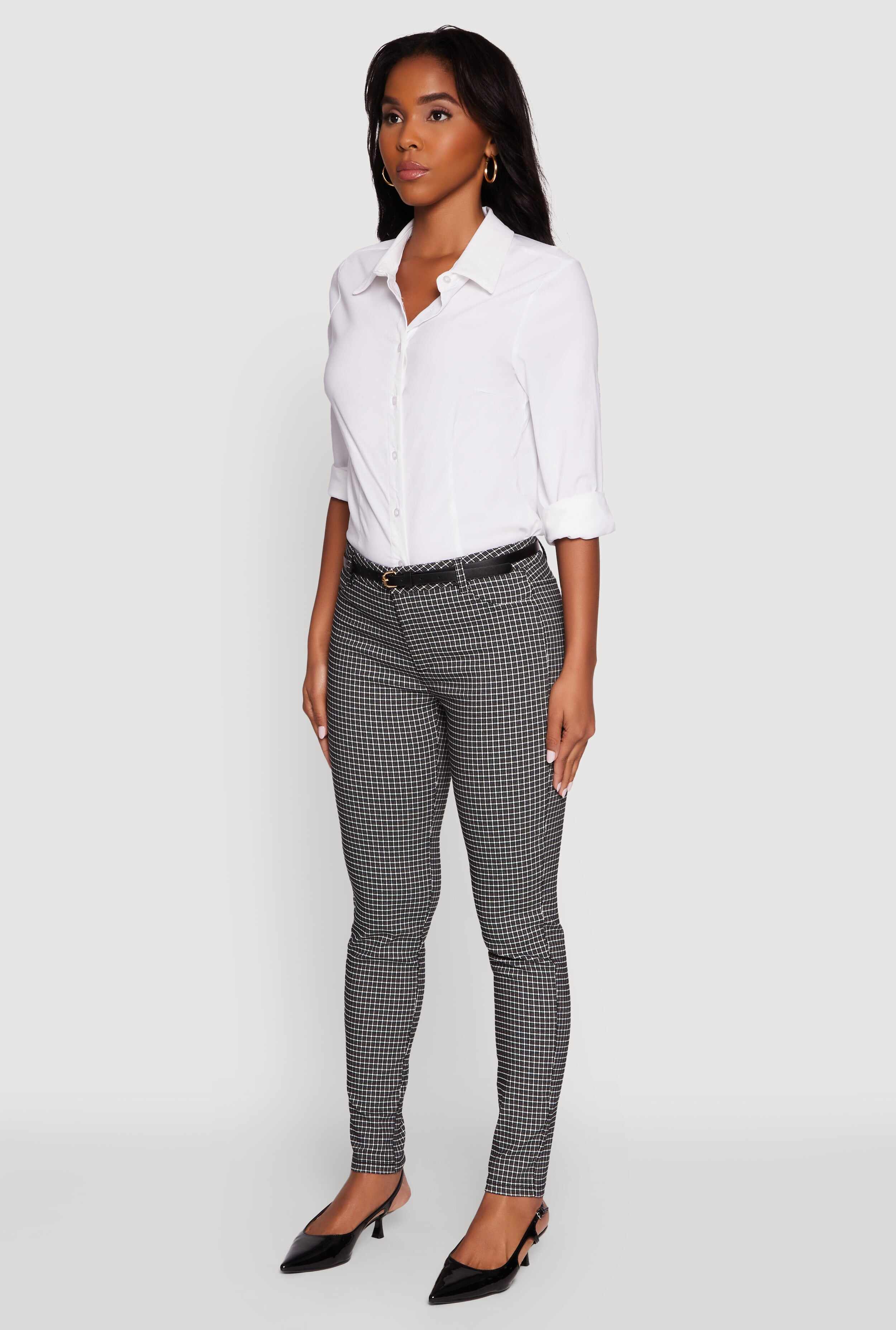 Plaid Skinny Leg Dress Pants with Belt