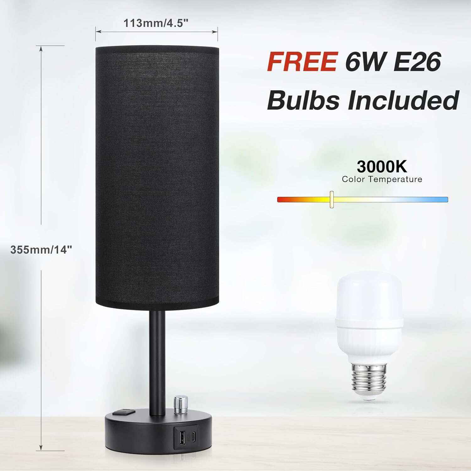 Bedside Table Lamp for Bedroom - 3 Way Dimmable Touch Lamp USB C Charging Ports and AC Outlet, Small Lamp Wood Base Round Flaxen Fabric Shade for Living Room, Desk, LED Bulb Included