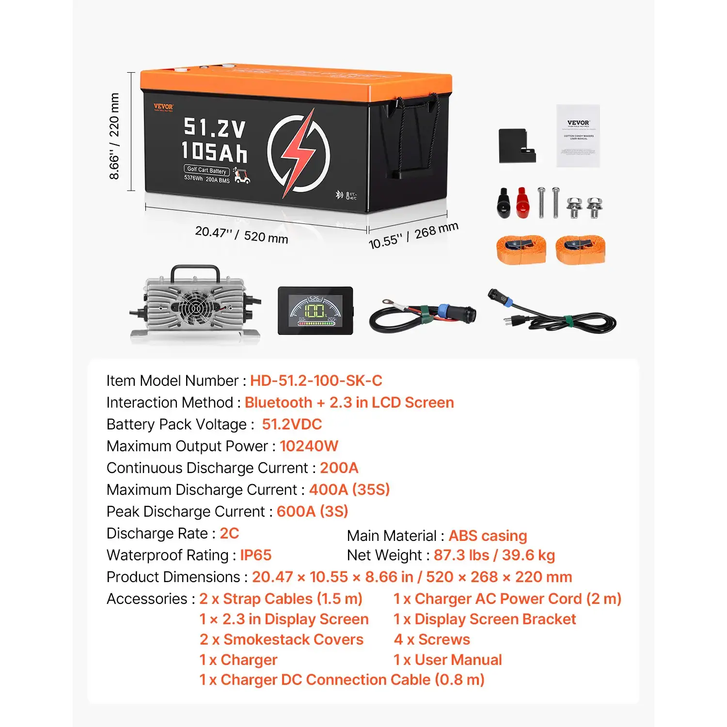48V（51.2V) 105Ah Golf Cart Lithium Battery,48 Volt Golf Cart Battery with 200A BMS, LCD Monitor and Mobile APP, LiFePO4 Battery with 600A Peak Current, 20A Charger and 4000+ Cycles, for Golf Carts