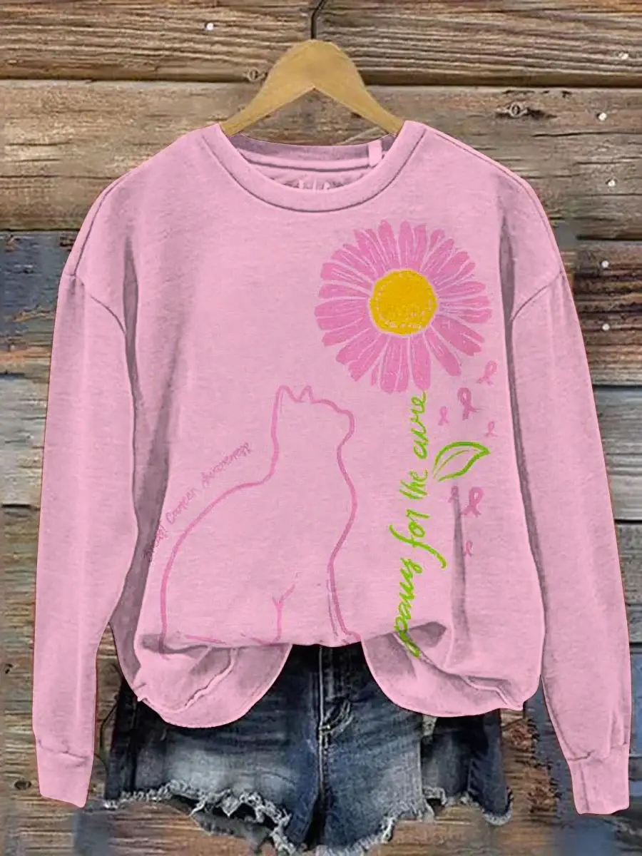 Women's Cat Sunflower Paws For The Cure Breast Cancer Awareness Print Pattern Casual Sweatshirt