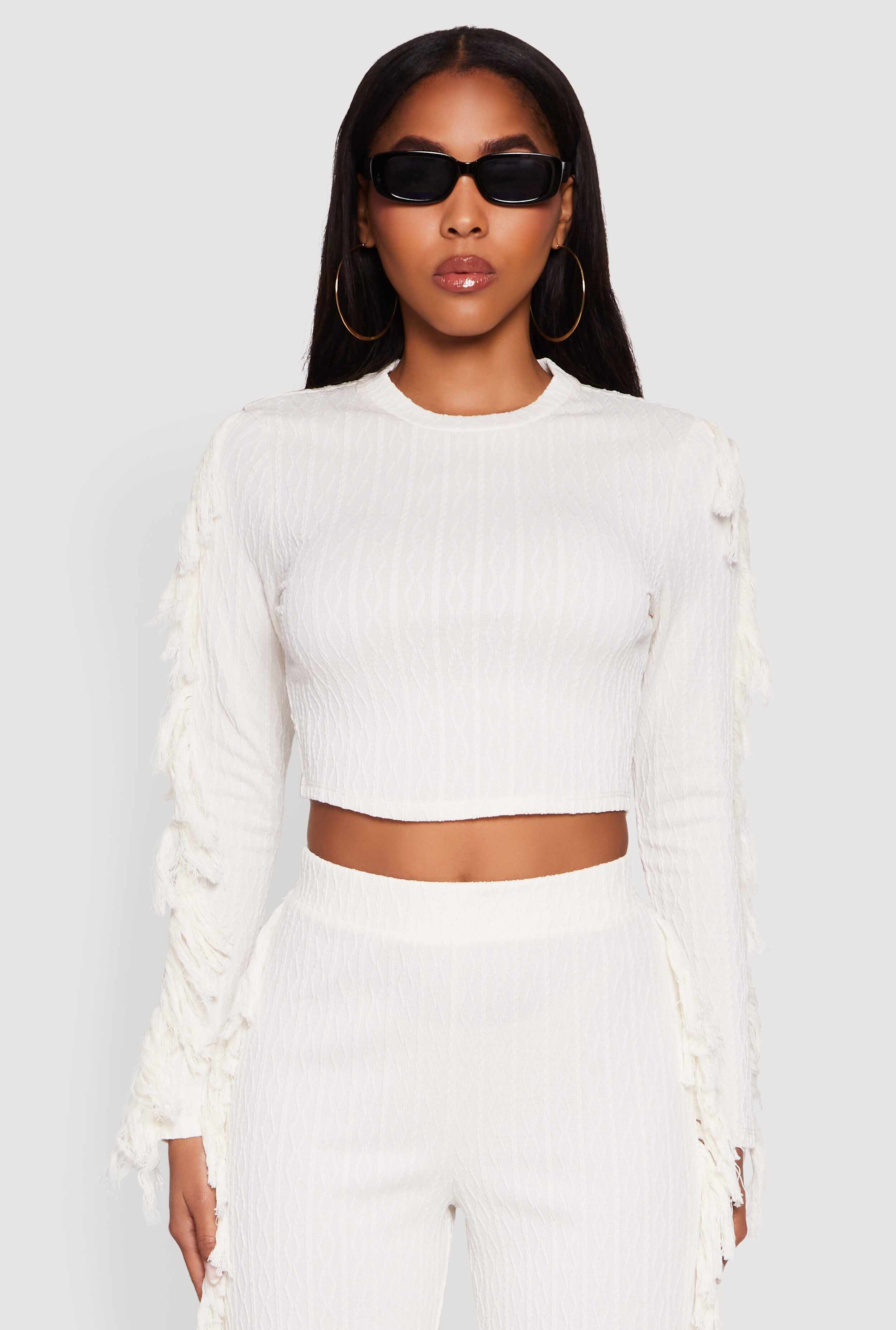 Textured Knit Long Sleeve Fringe Crop Top