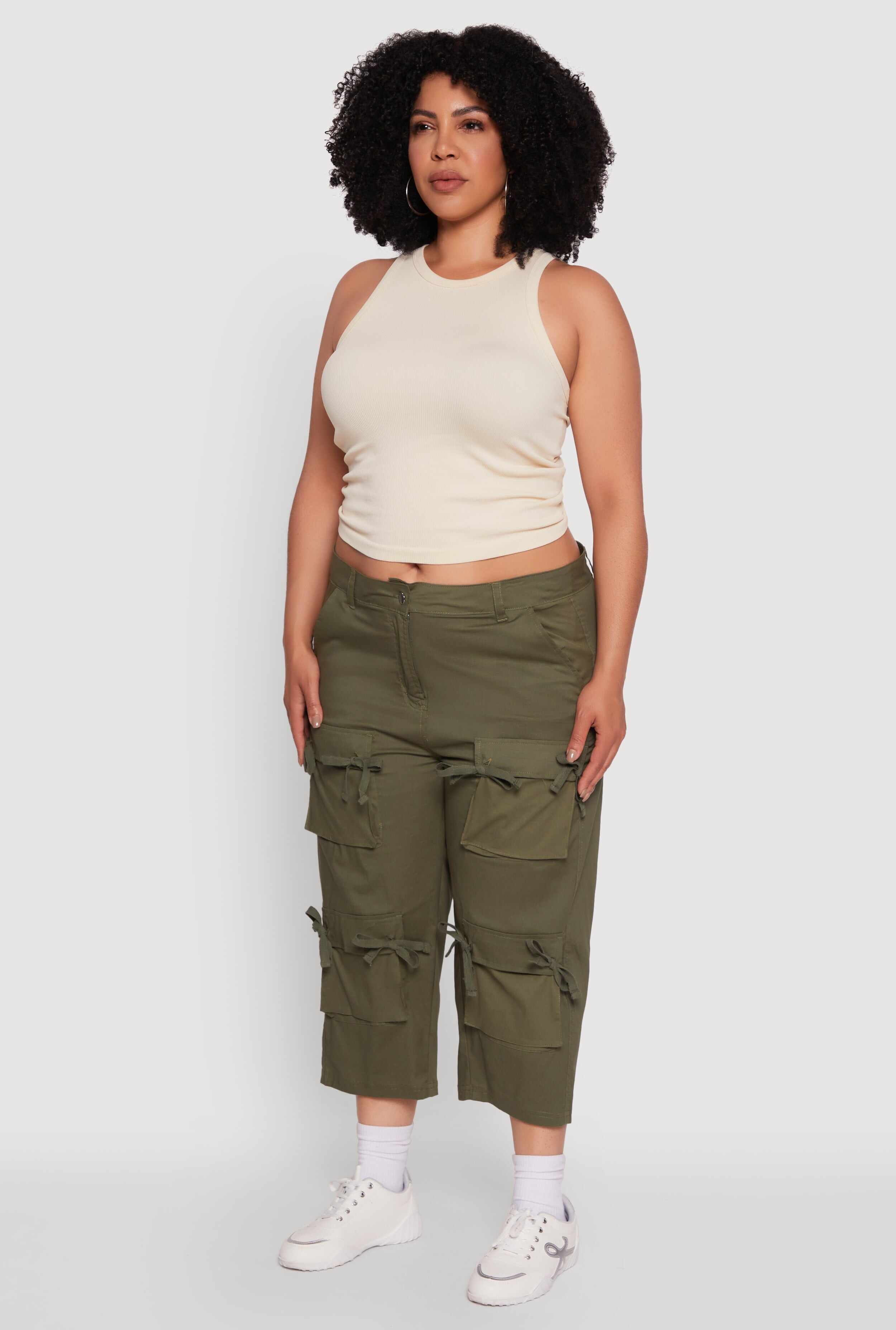 Plus Size Poplin Bow Cargo Capri Pants