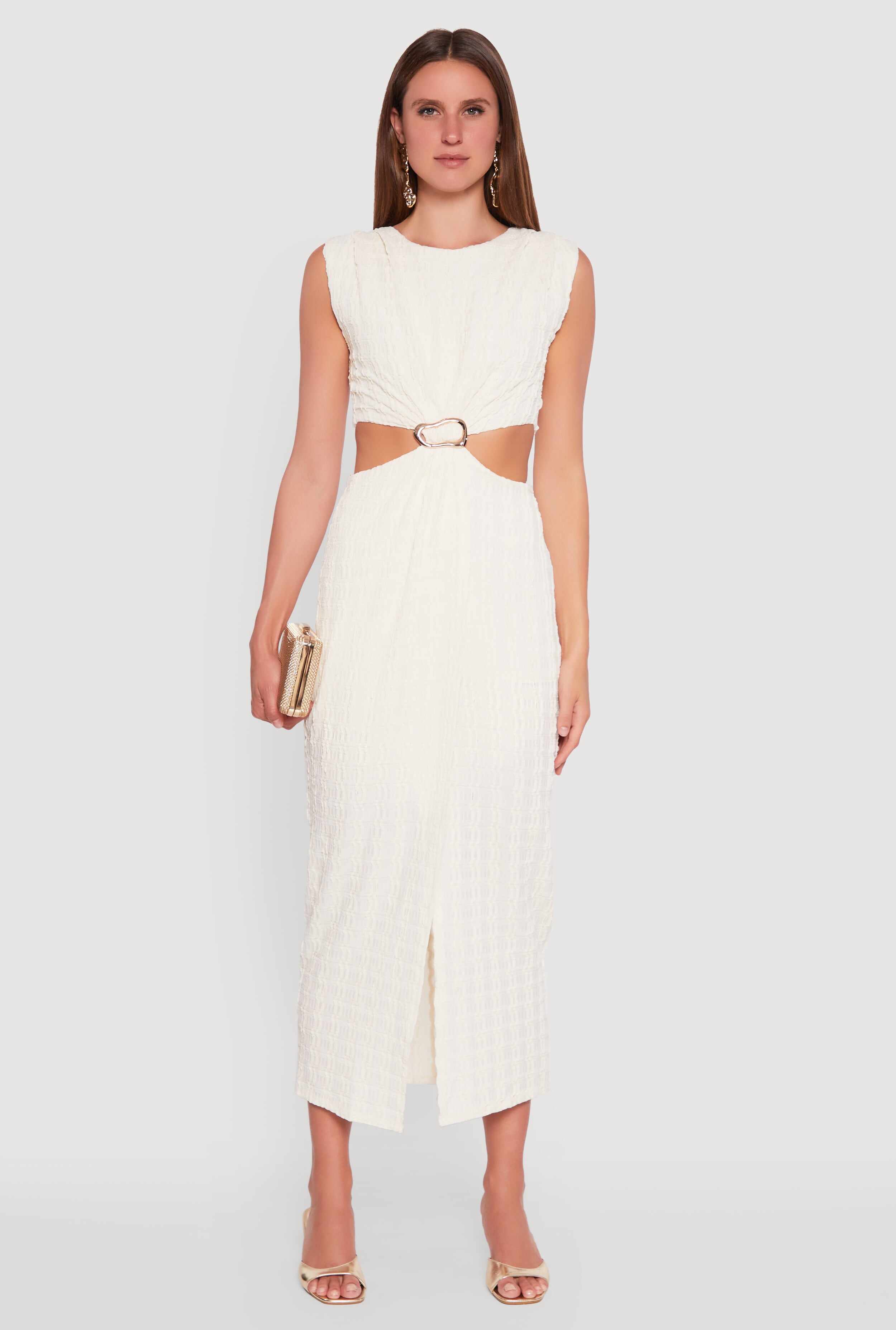 Textured Knit Metallic Detail Front Slit Midi Dress
