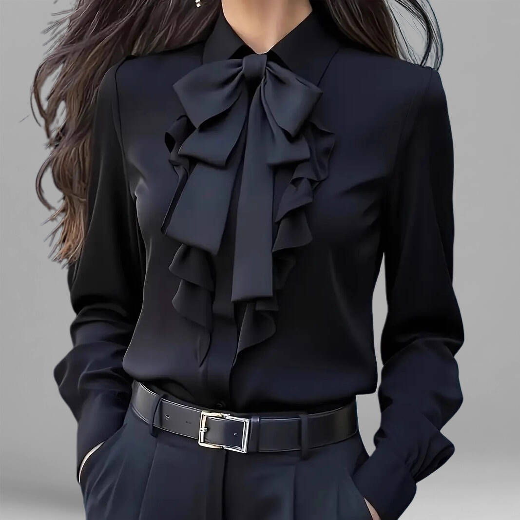 Women's Formal Shirt Collar Bow Tie Ruffles Long Sleeve Blouse
