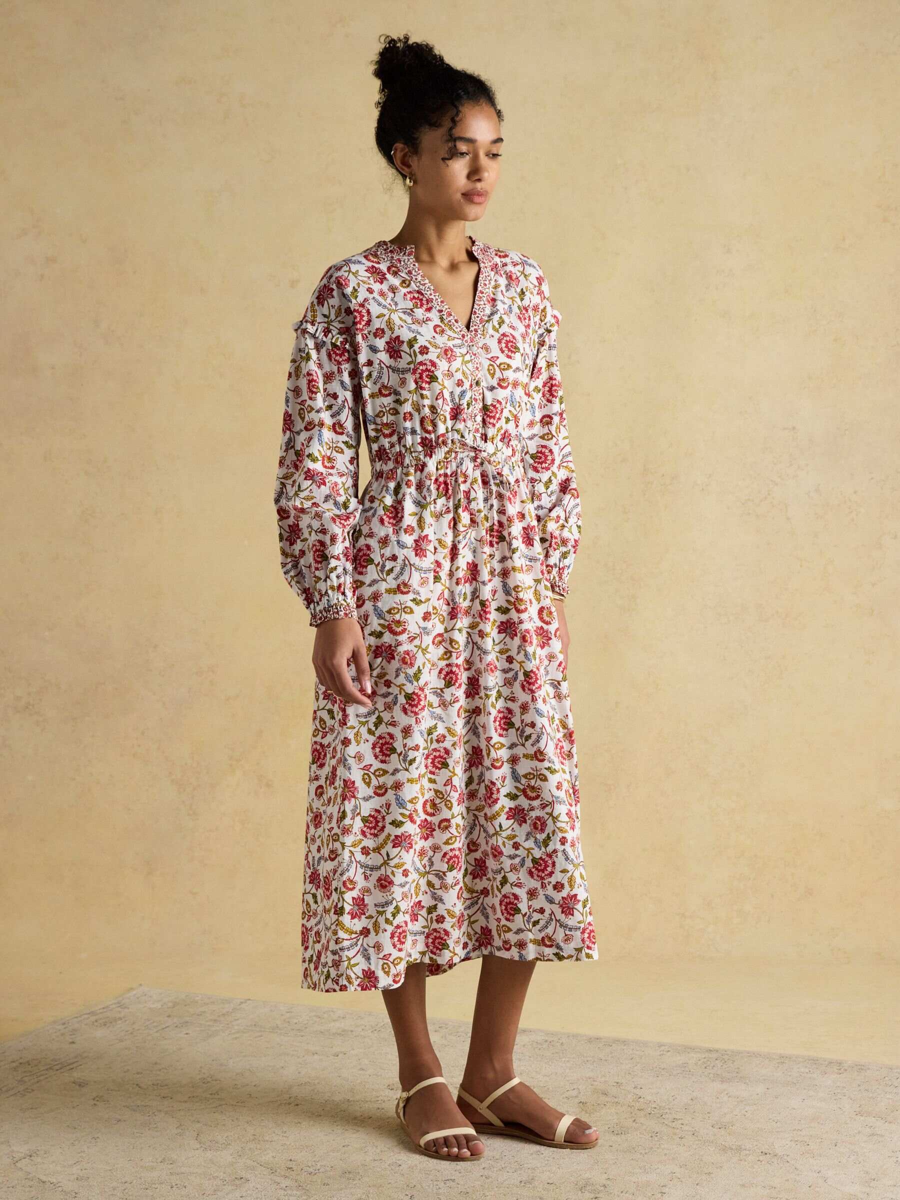 Elise Provence Floral Long Sleeve Cotton Midi Dress