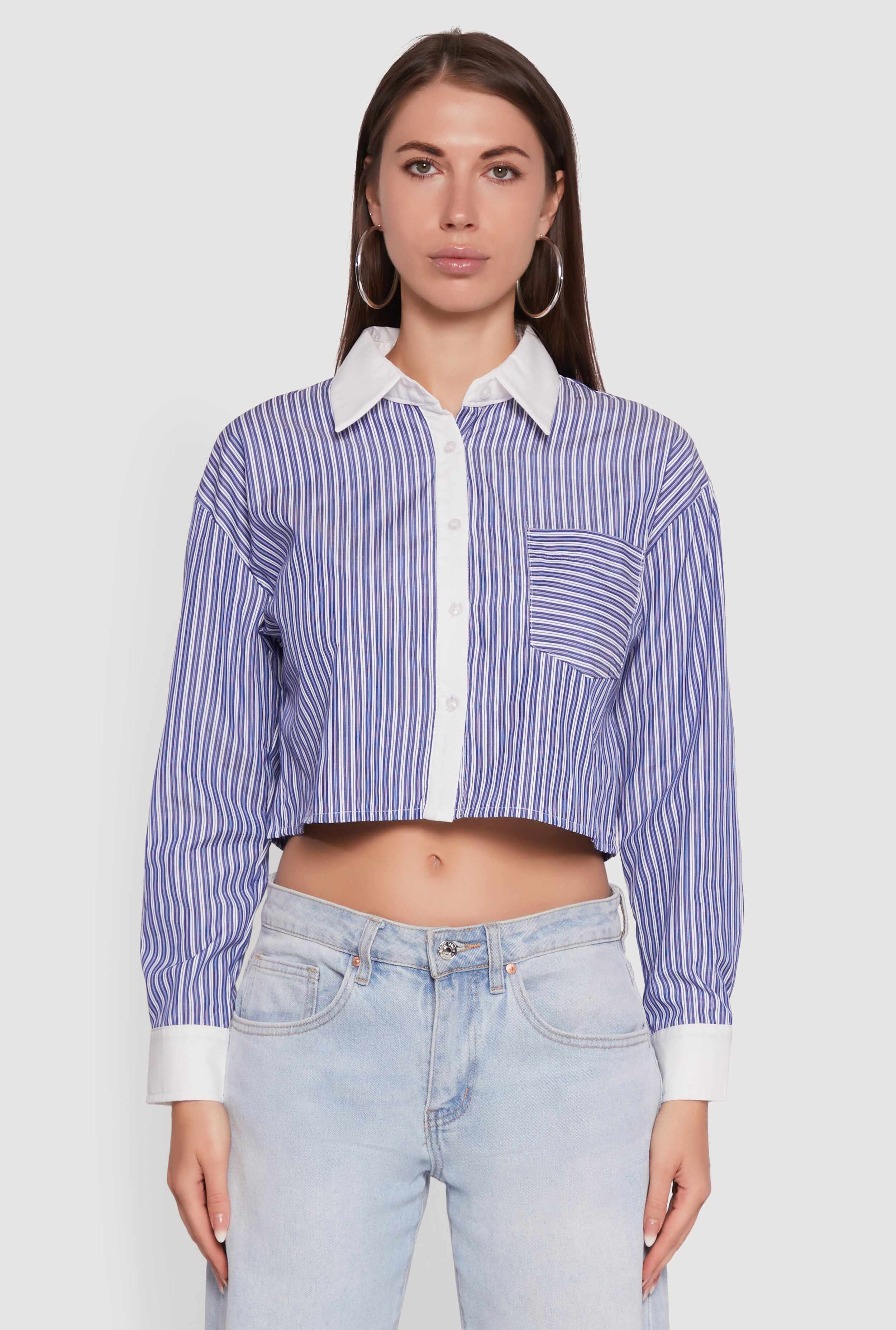 Haute Monde Poplin Button Front Striped Cropped Shirt
