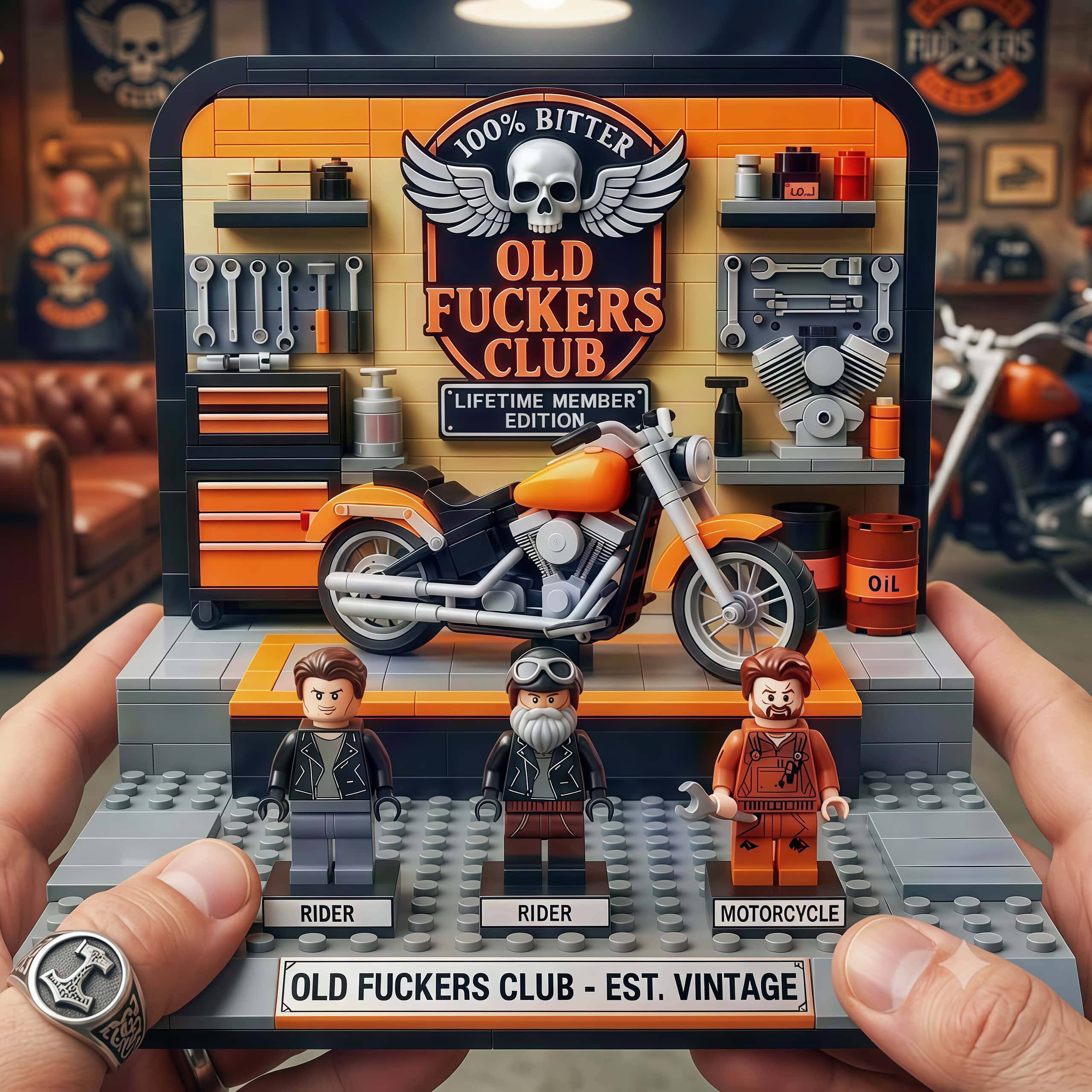 Old Fuckers Club Motorcycle Garage Building Block Set