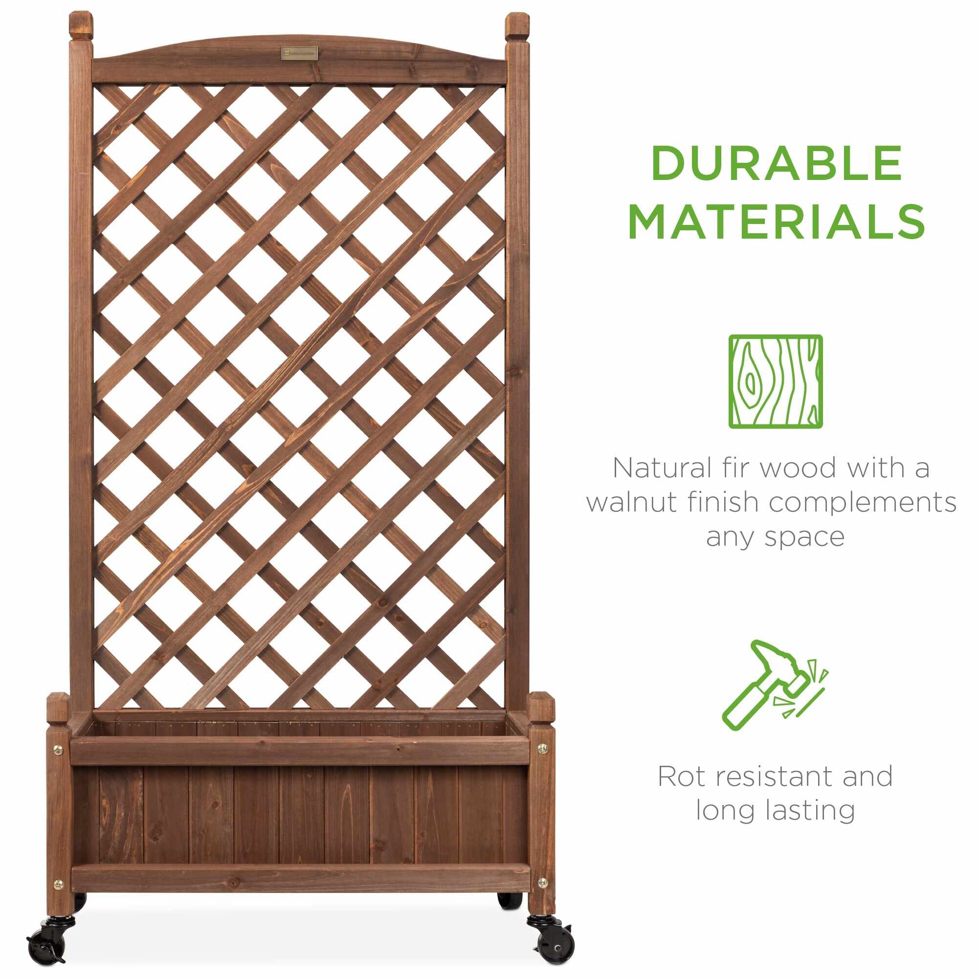 Wood Planter Box & Lattice Trellis w/ Drainage, Optional Wheels