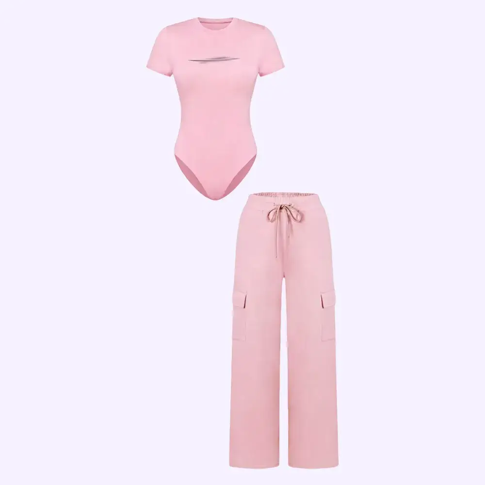 🔥Spring Fresh Sale 🎁Women's Knit Letter Print Two-Piece Set, Casual Fitted Short Sleeve Round Neck Jumpsuit & Drawstring Long Pants
