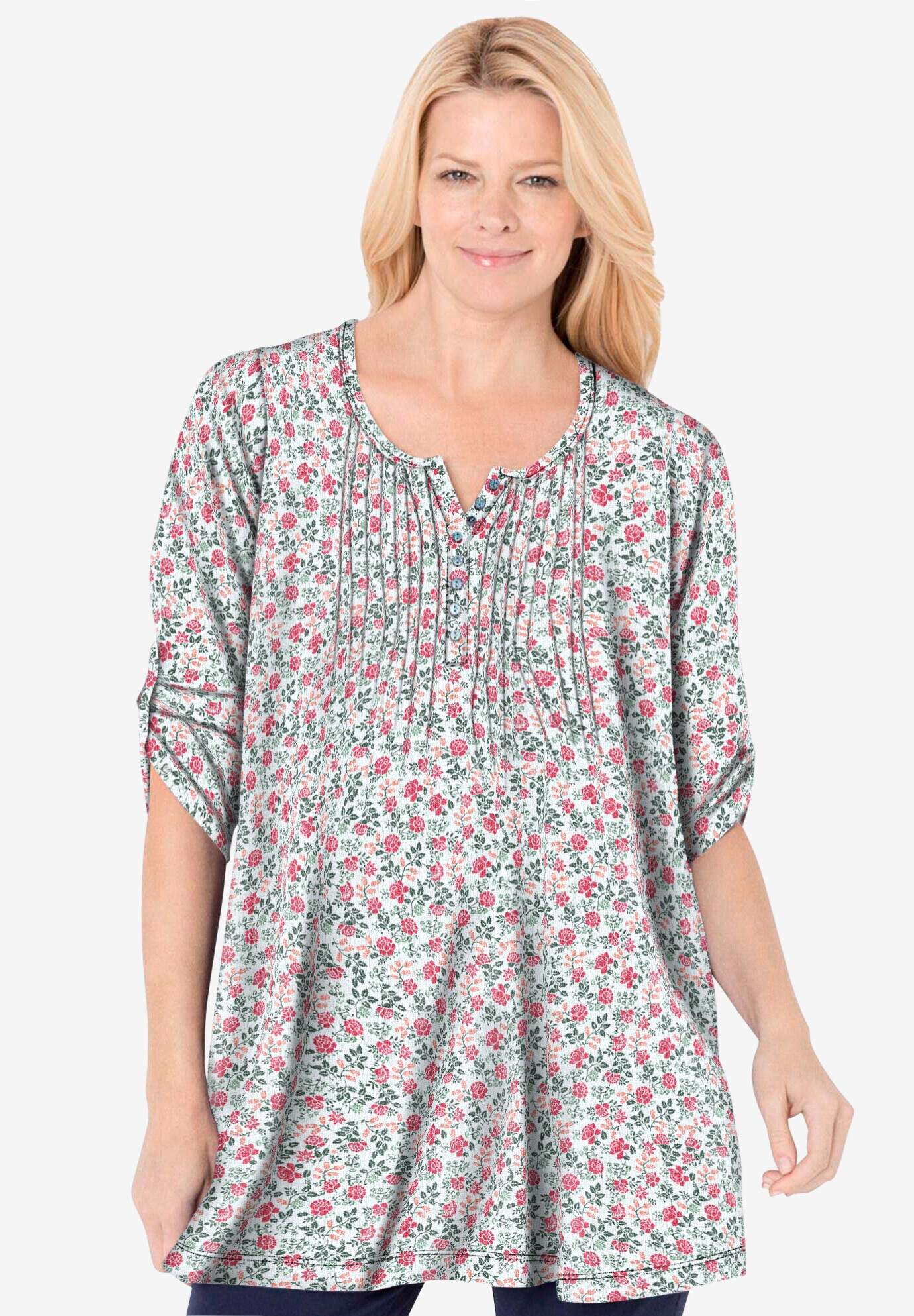 7-Day Three-Quarter Sleeve Pintucked Henley Tunic