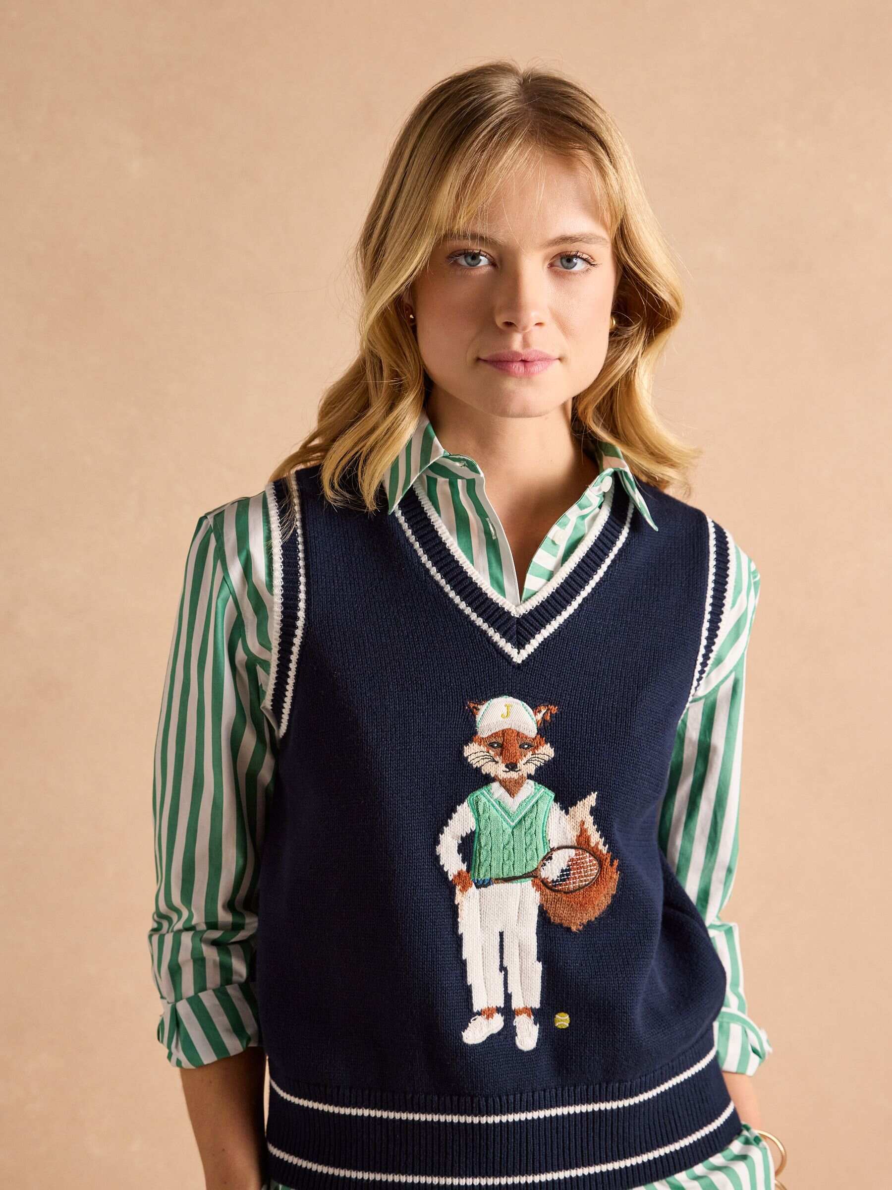 Jonty Navy Intarsia Fox Knitted Cotton Vest