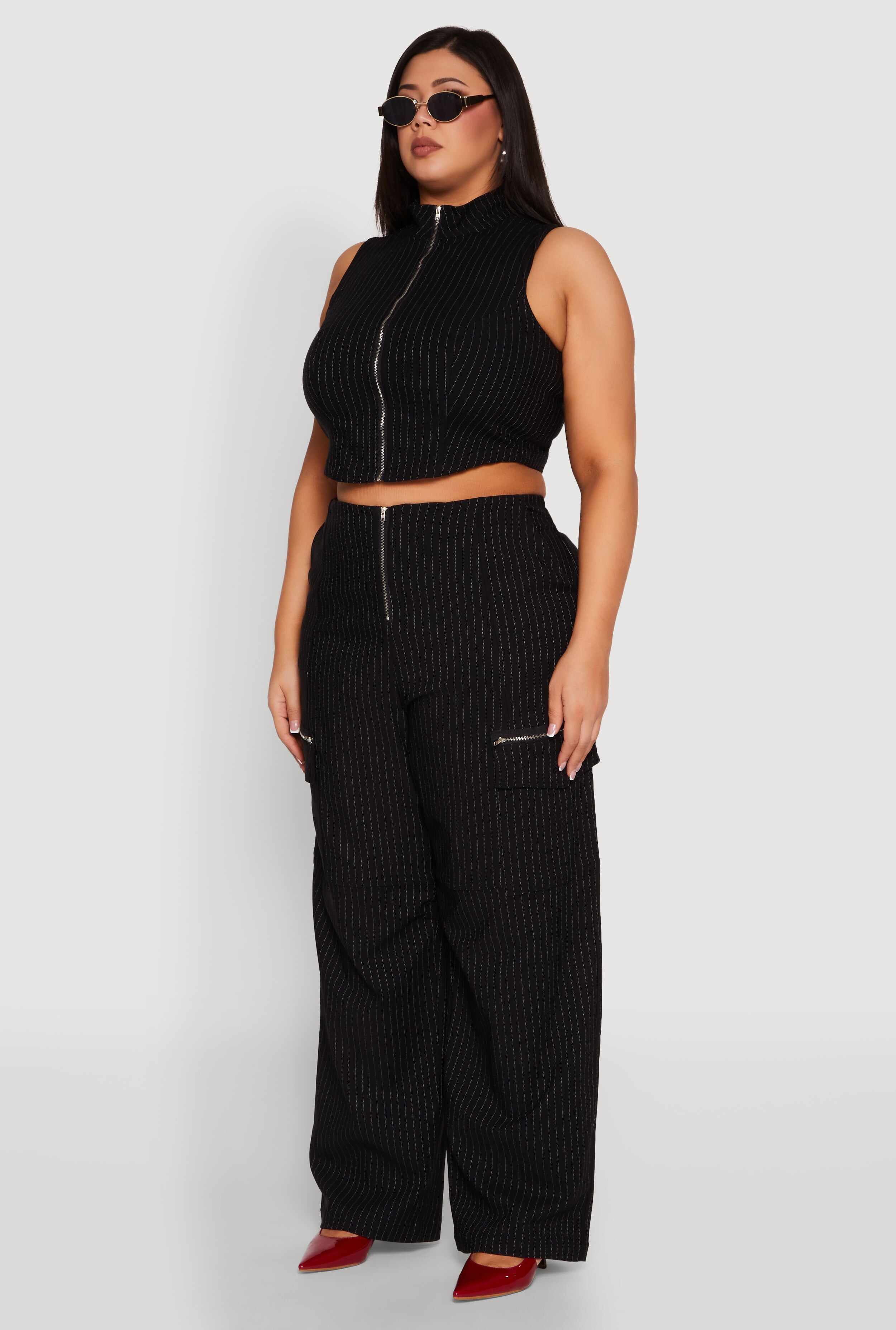 Plus Size Pinstripe Zip Front Crop Top