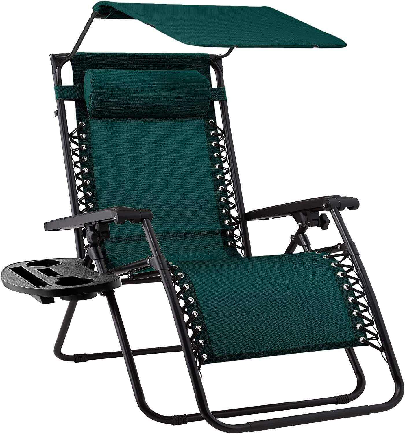 Folding Zero Gravity Recliner Patio Lounge Chair w/Adjustable Canopy Shade, Headrest, Side Accessory Tray, Textilene Mesh - Beige