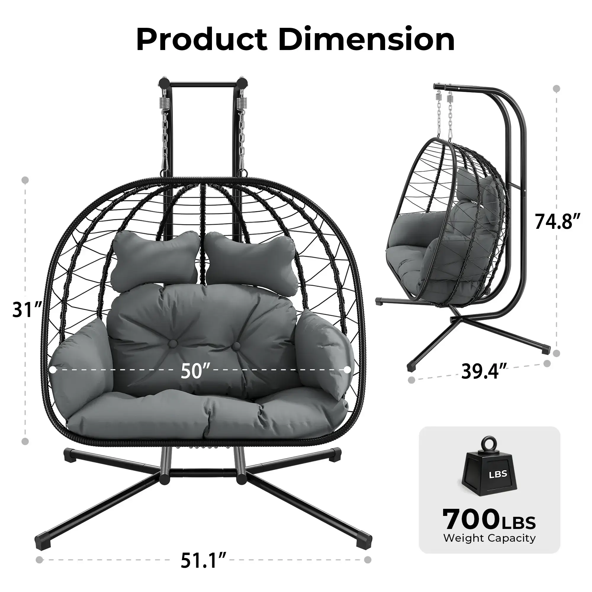 [dealsforyoudays] Double Egg Chair with Stand for Patio, Outdoor Indoor Hanging Swing Chair with Cushions, Wicker Rattan, 700lbs Capacity, Waterproof Sunproof for Balcony Garden Porch, ChristmasGift